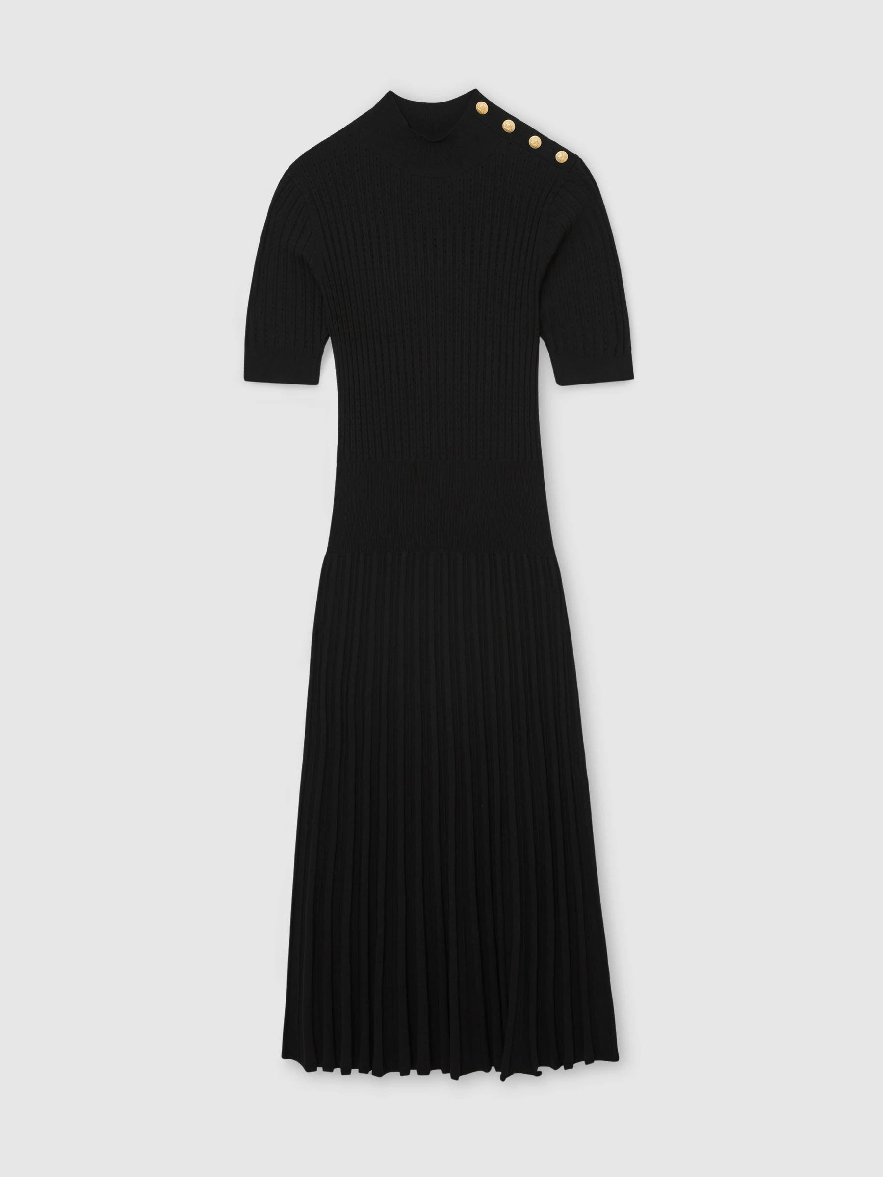 Reiss Black Harriet Button-Detail Knitted Midi Dress
