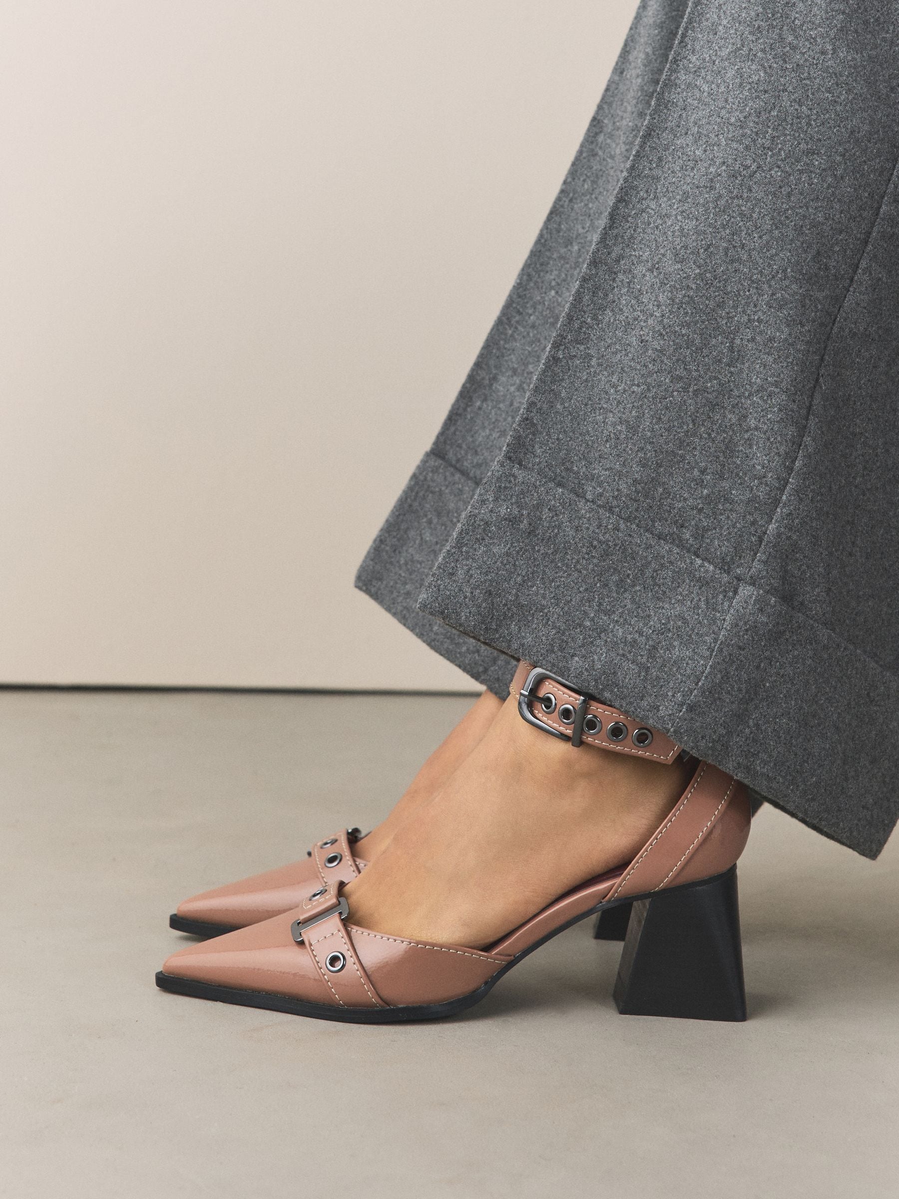Taupe Forever Comfort® Point Toe Buckle Block Heels