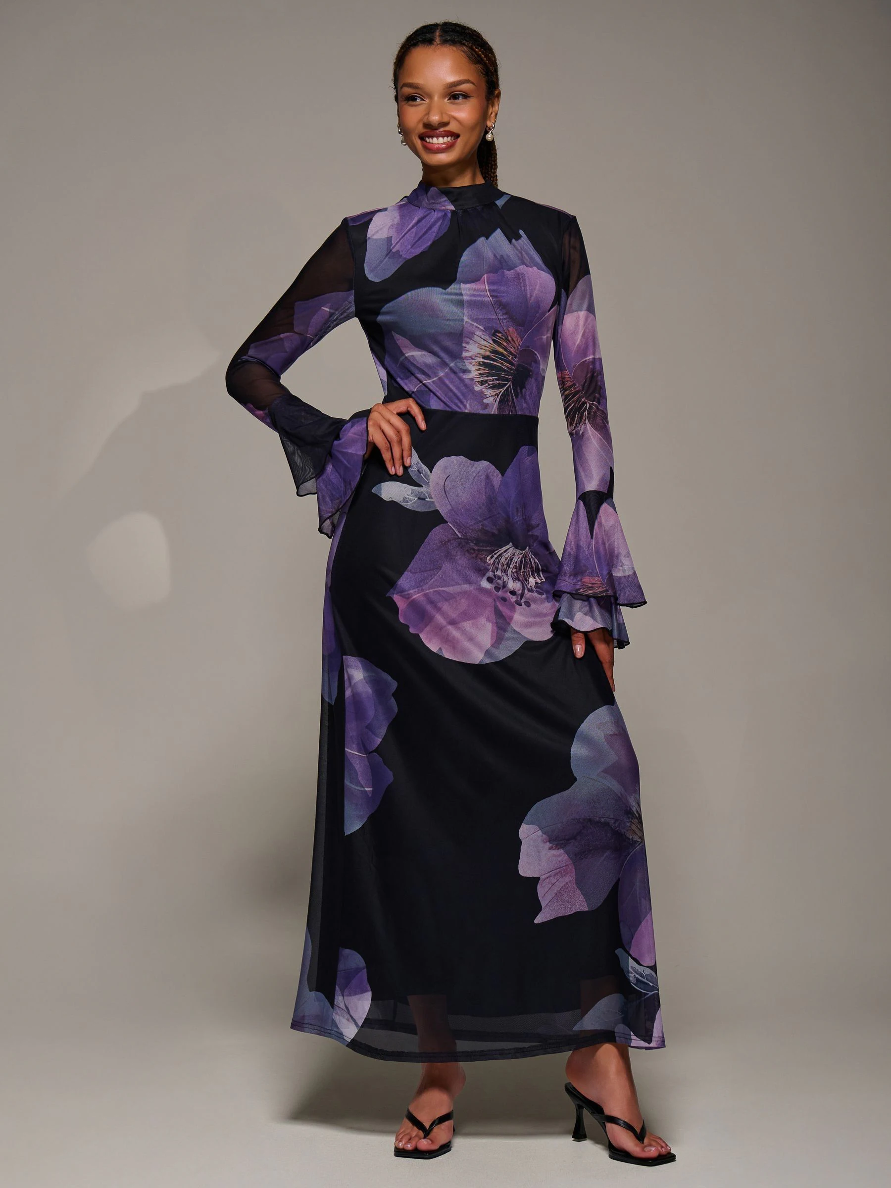 Jolie Moi Dark Purple Ruffle Long Sleeve Mesh Maxi Dress