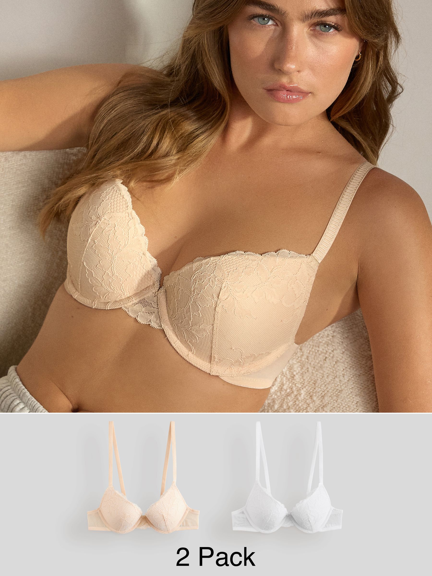 Praline Nude & White Push Up Plunge Lace Bras 2 Pack