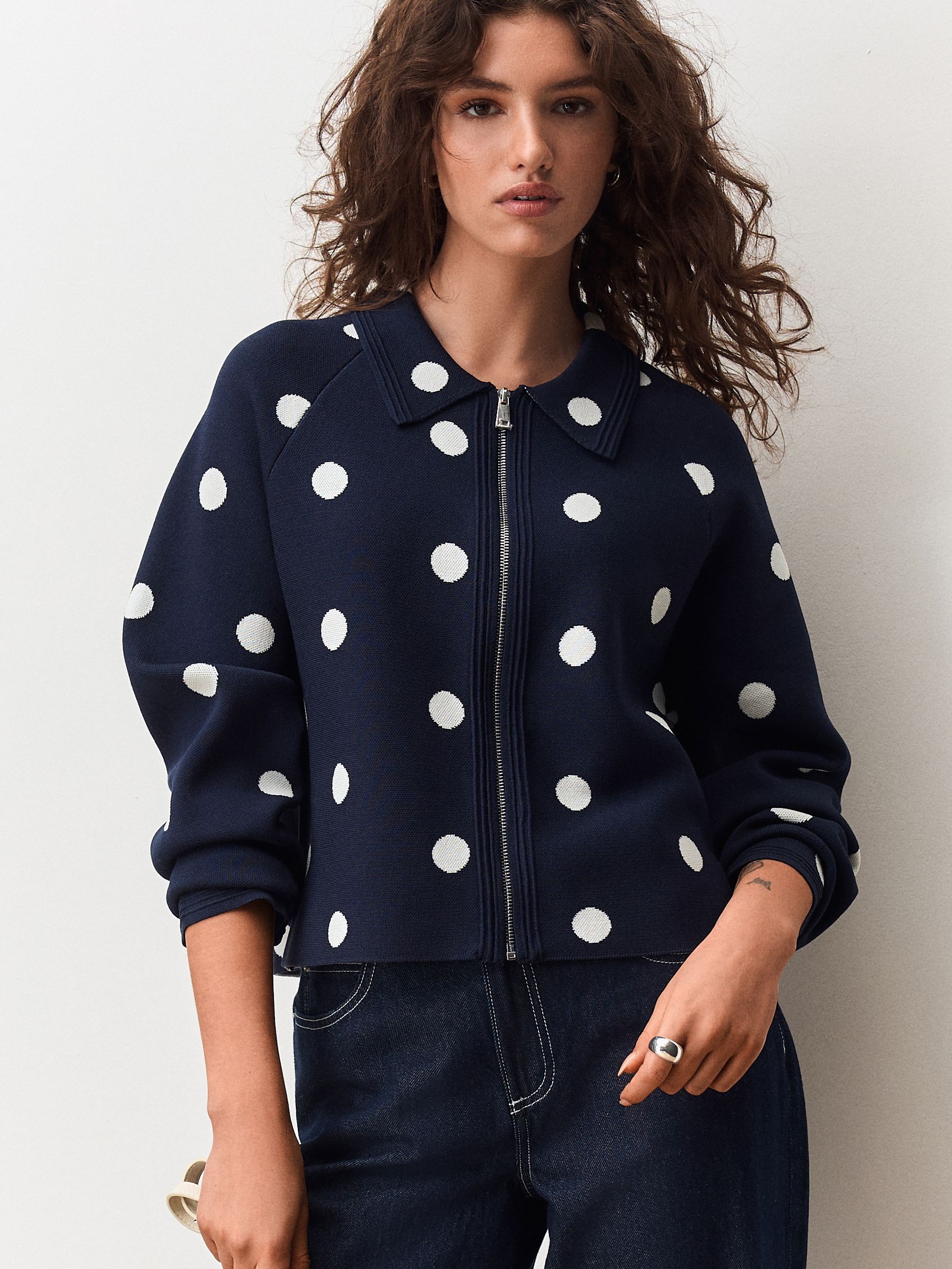 Navy Polka Dot Smart Knit Collared Zip-Up Jacket