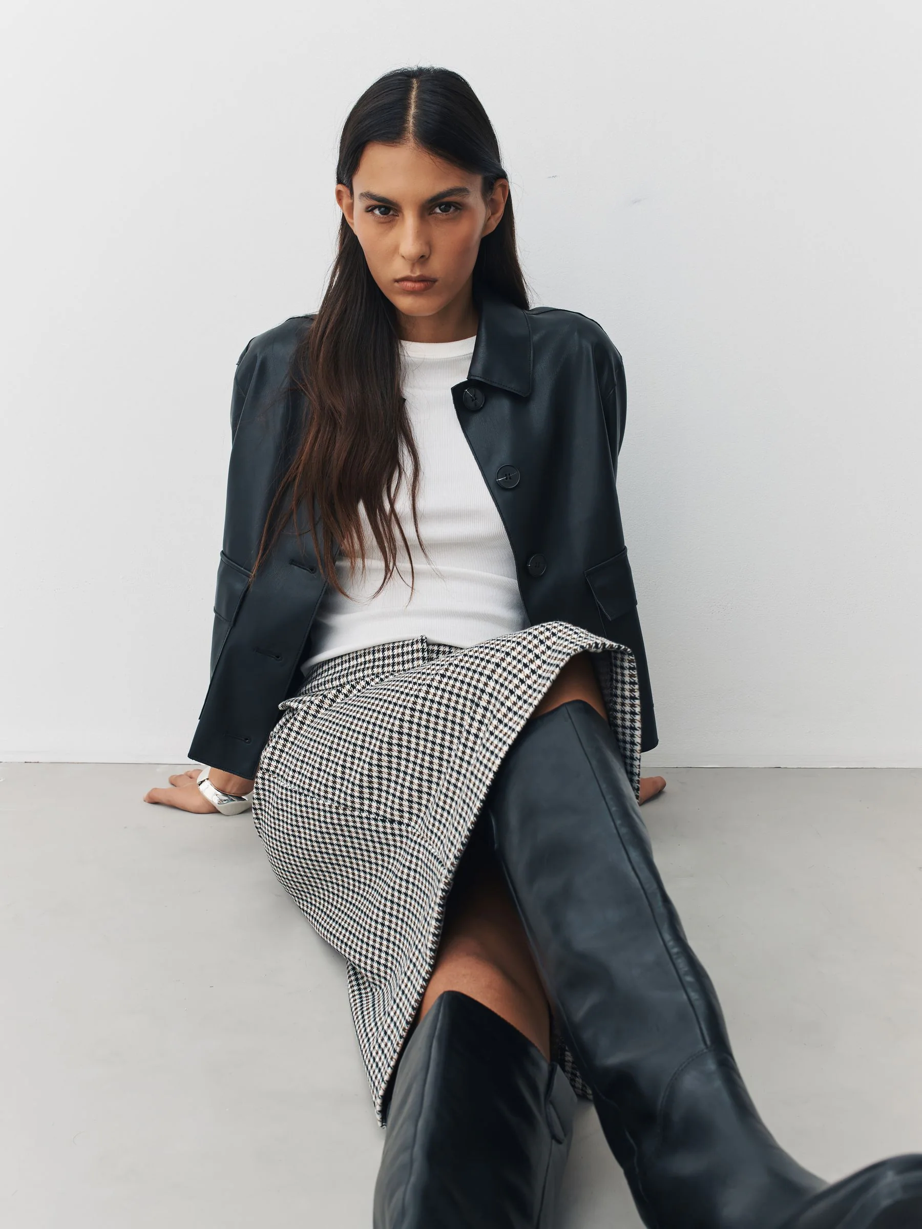 Neutral Check Ponte Pencil Skirt