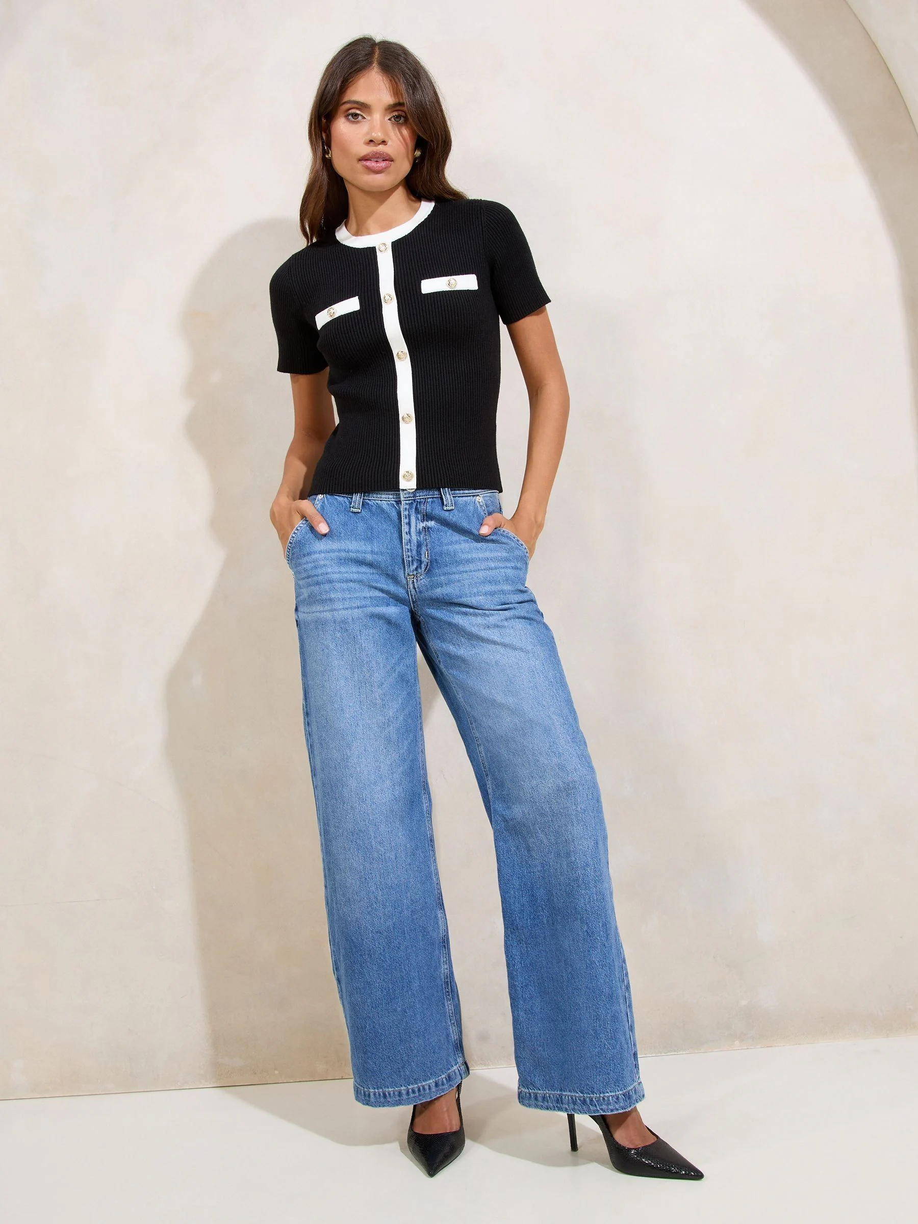 Lipsy Black Tipped Mock Button Short Sleeve Knitted Top