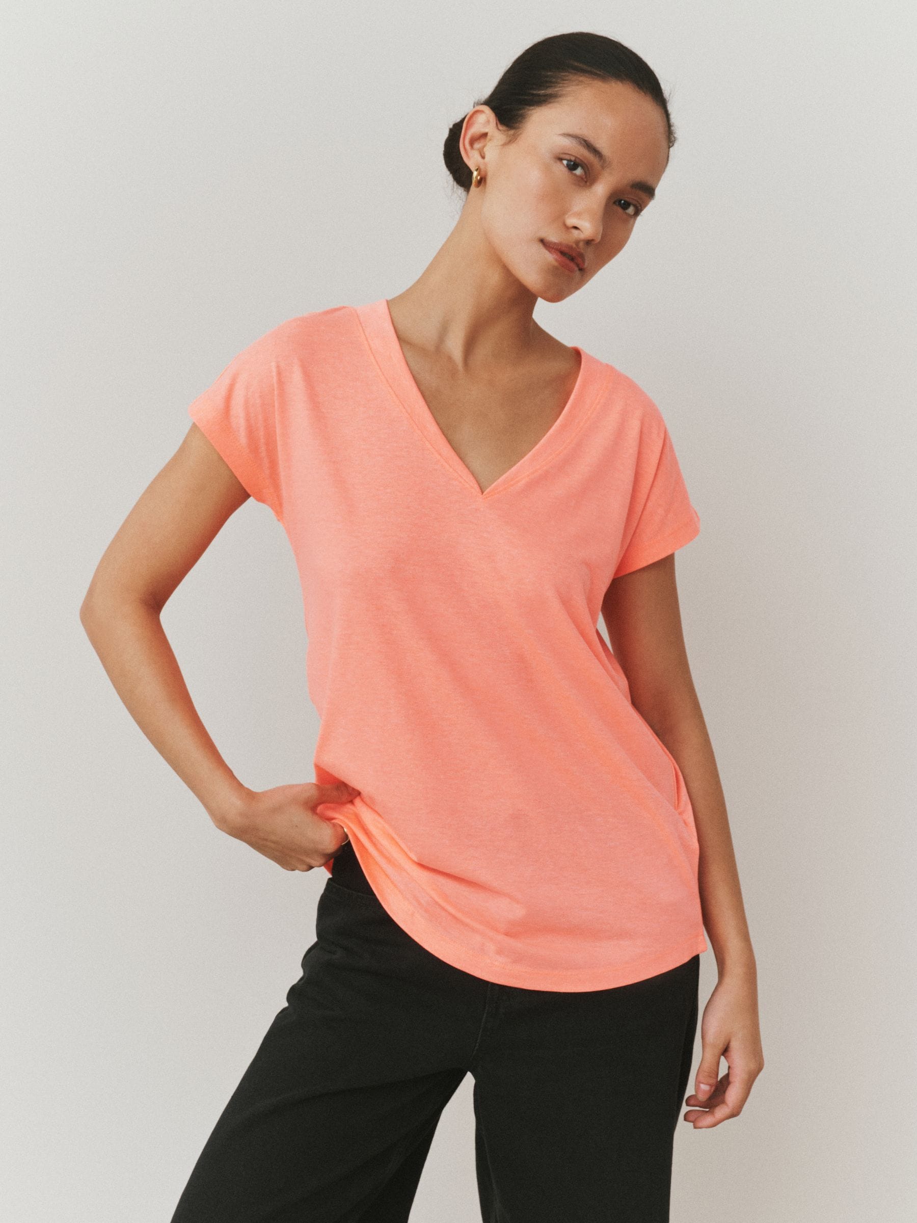 Bright Green/Coral/Green V-Neck Cap Sleeve T-Shirt
