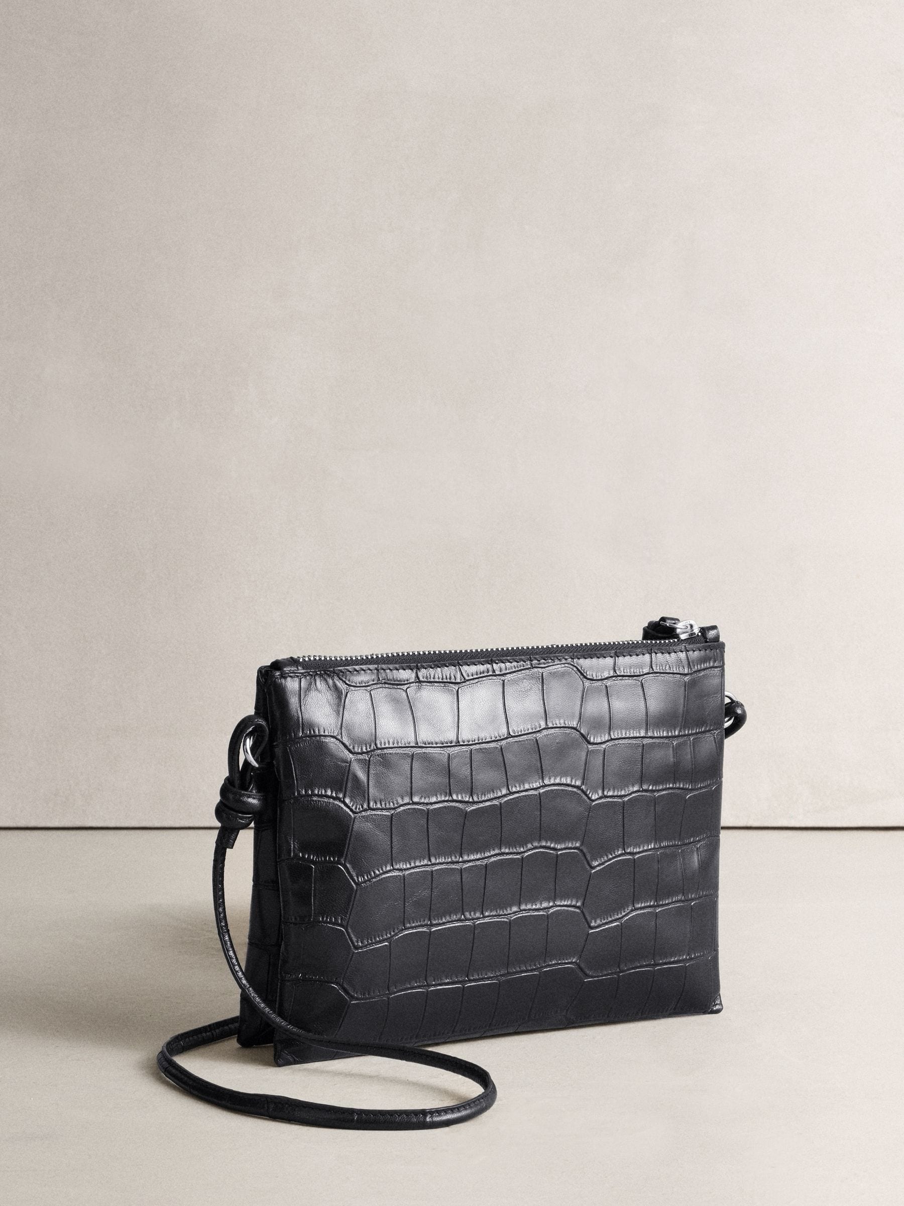 Black Leather Croc Cross-Body Bag