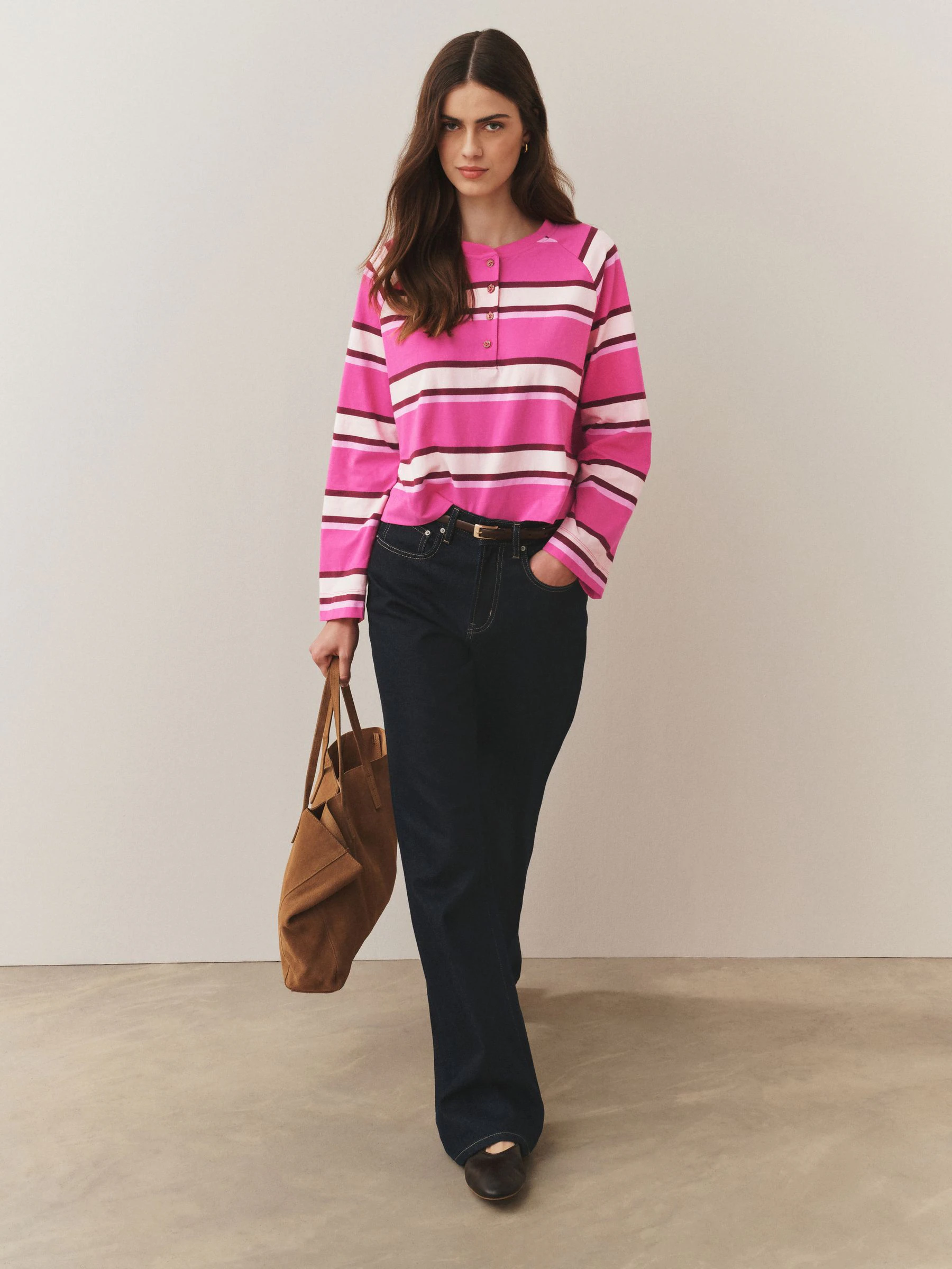 Pink Stripe Button Henley Crew Neck Long Sleeve Top
