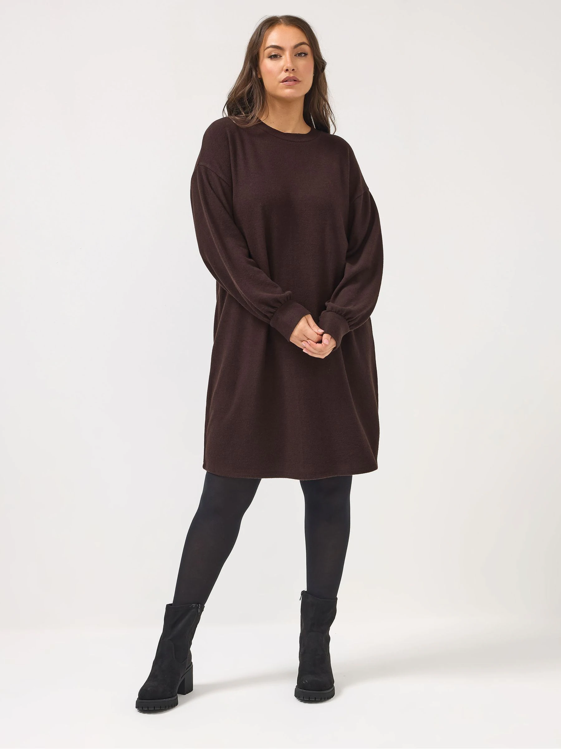 Yours Curve Brown Soft Touch Balloon Sleeve Dress