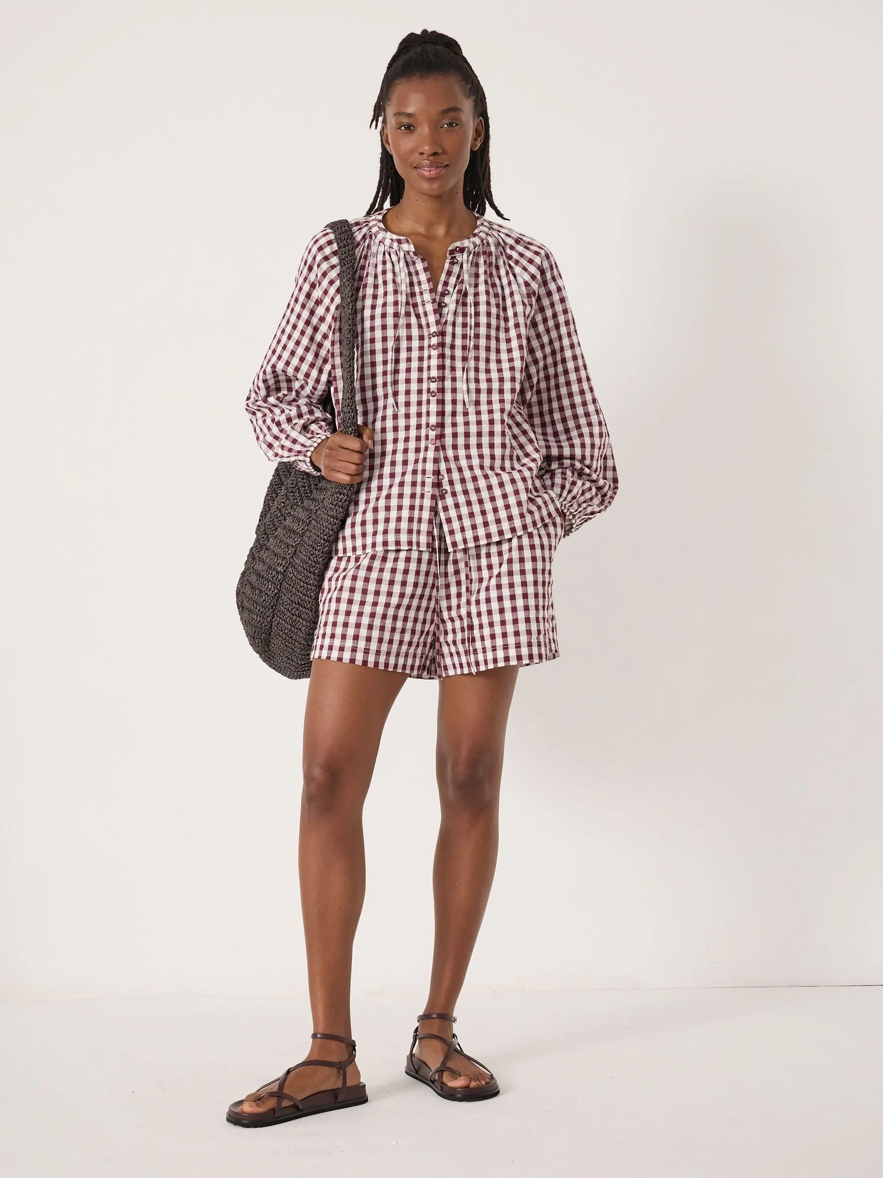 Hush Red Ernie Gathered Gingham Beach Shorts
