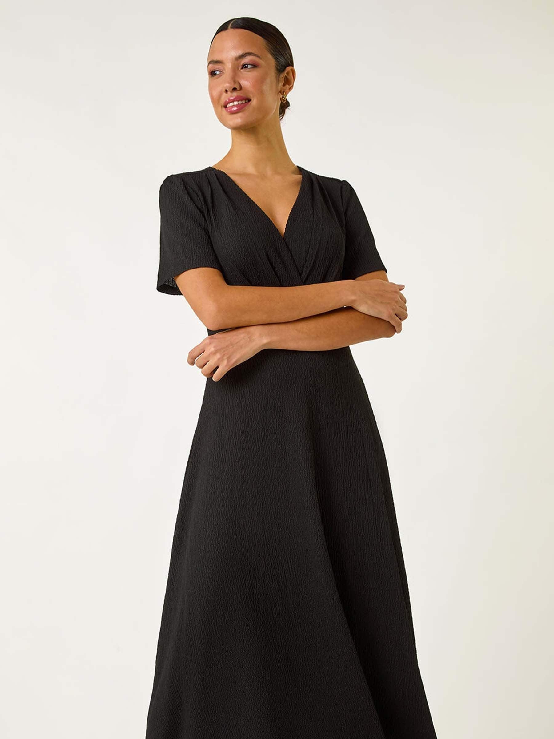 Roman Black Textured Wrap Bodice Midi Dress