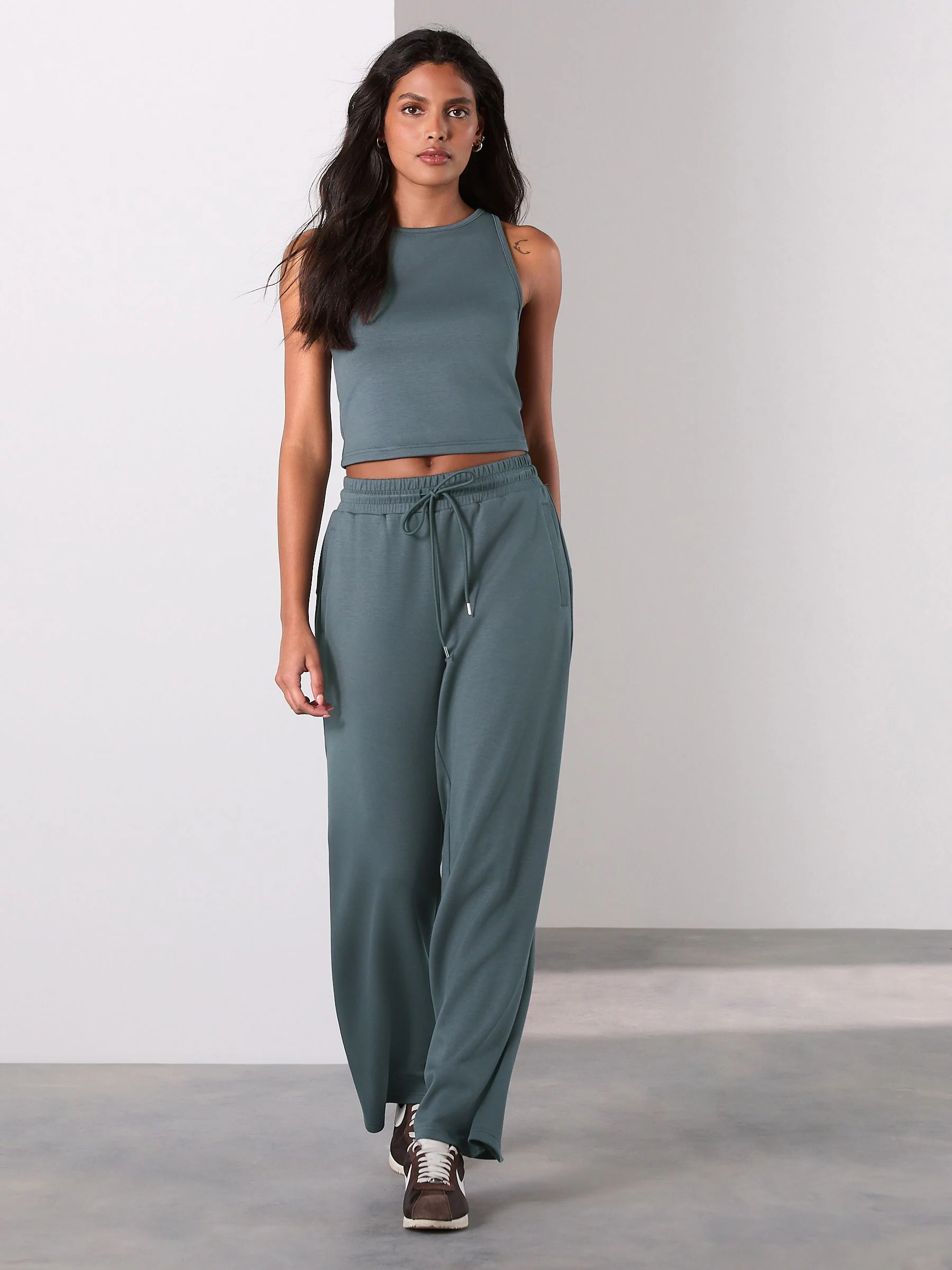 Teal Blue Slinky Supersoft Tie Front Wide Leg Trousers