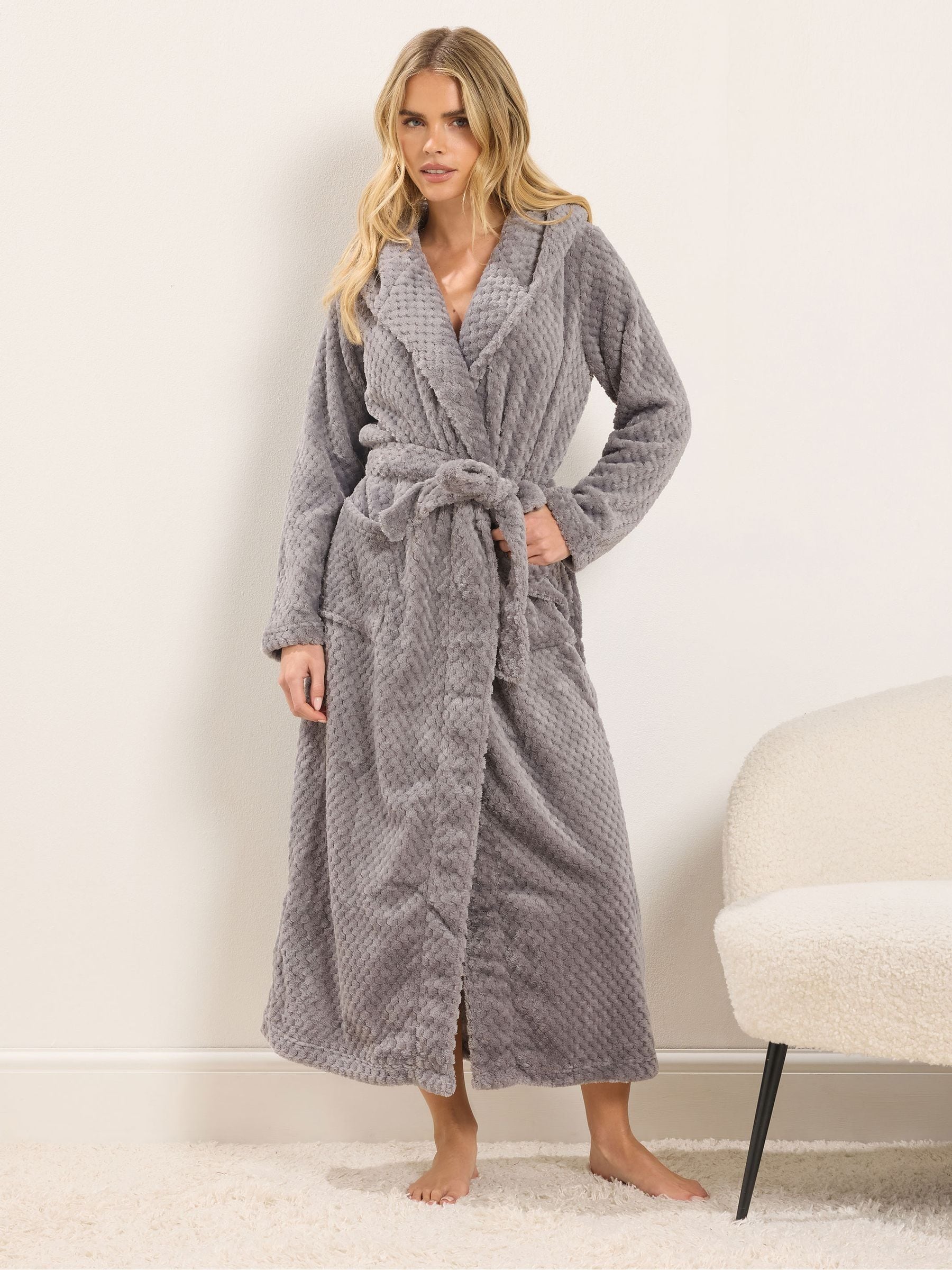 PixieGirl Petite Grey Honeycomb Maxi Hooded Robe