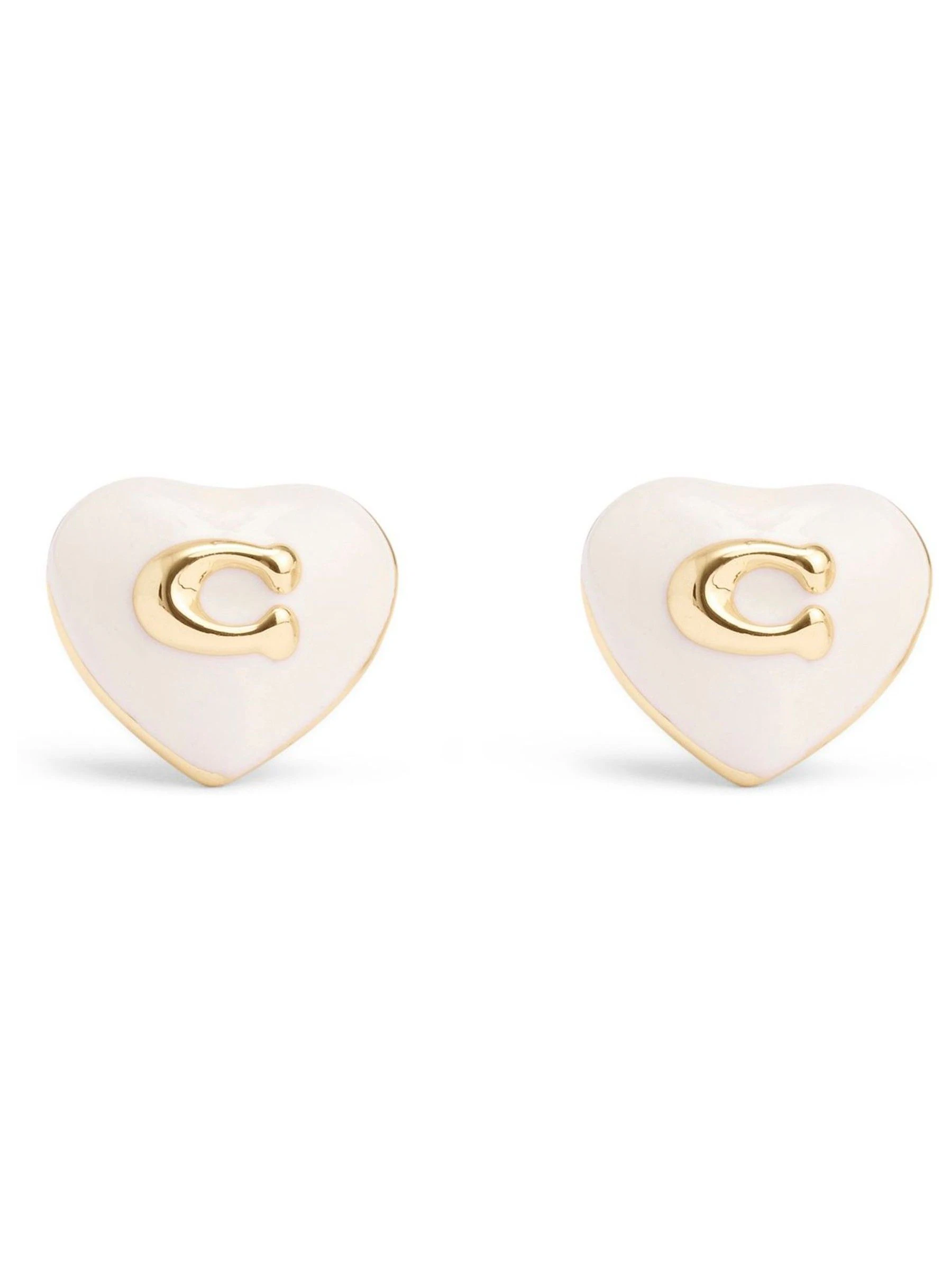 COACH Gold Tone Signature Enamel Heart Stud Earrings