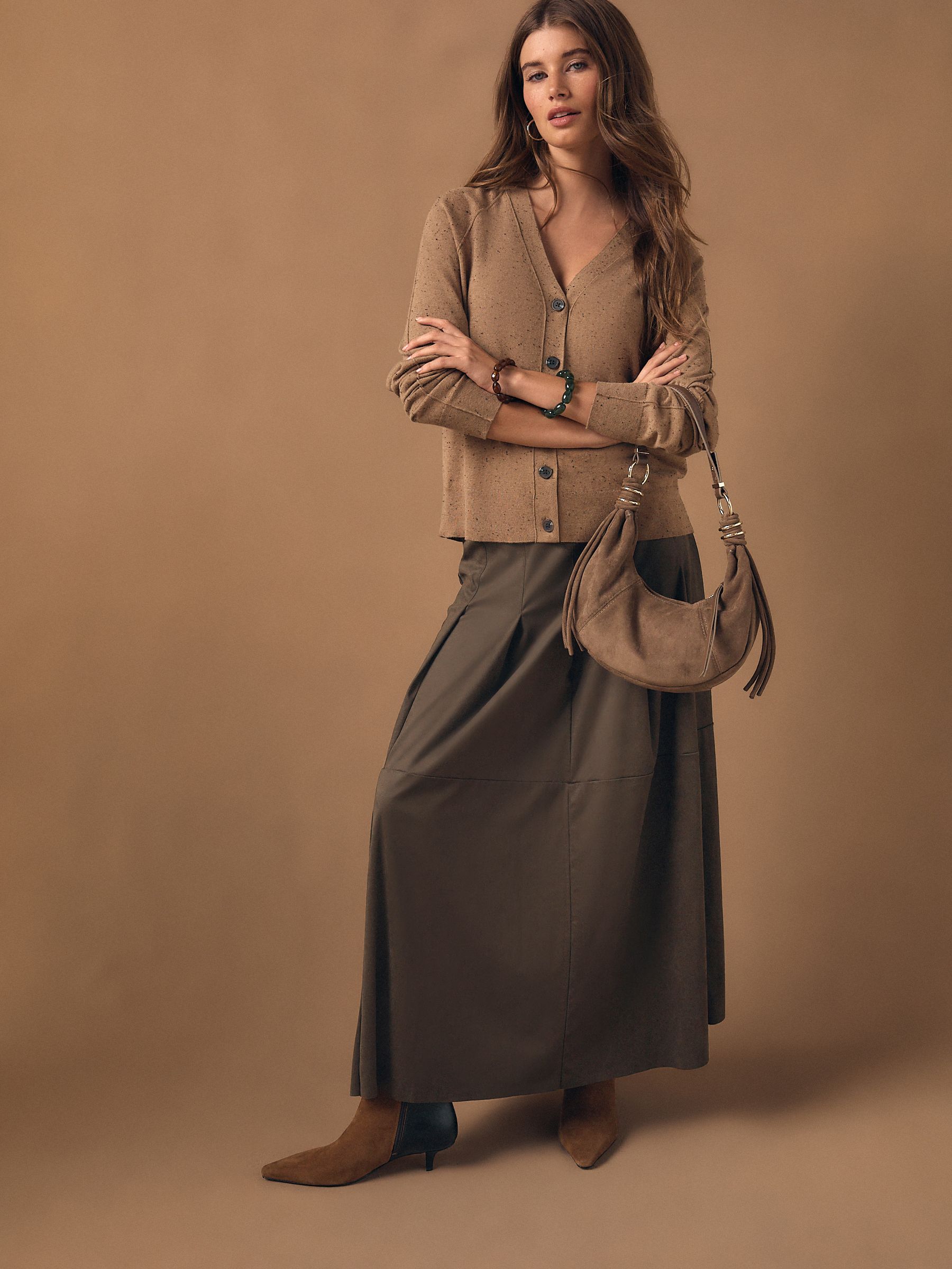 Camel Neppy Soft Touch V-Neck Cotton Rich Button Up Cardigan