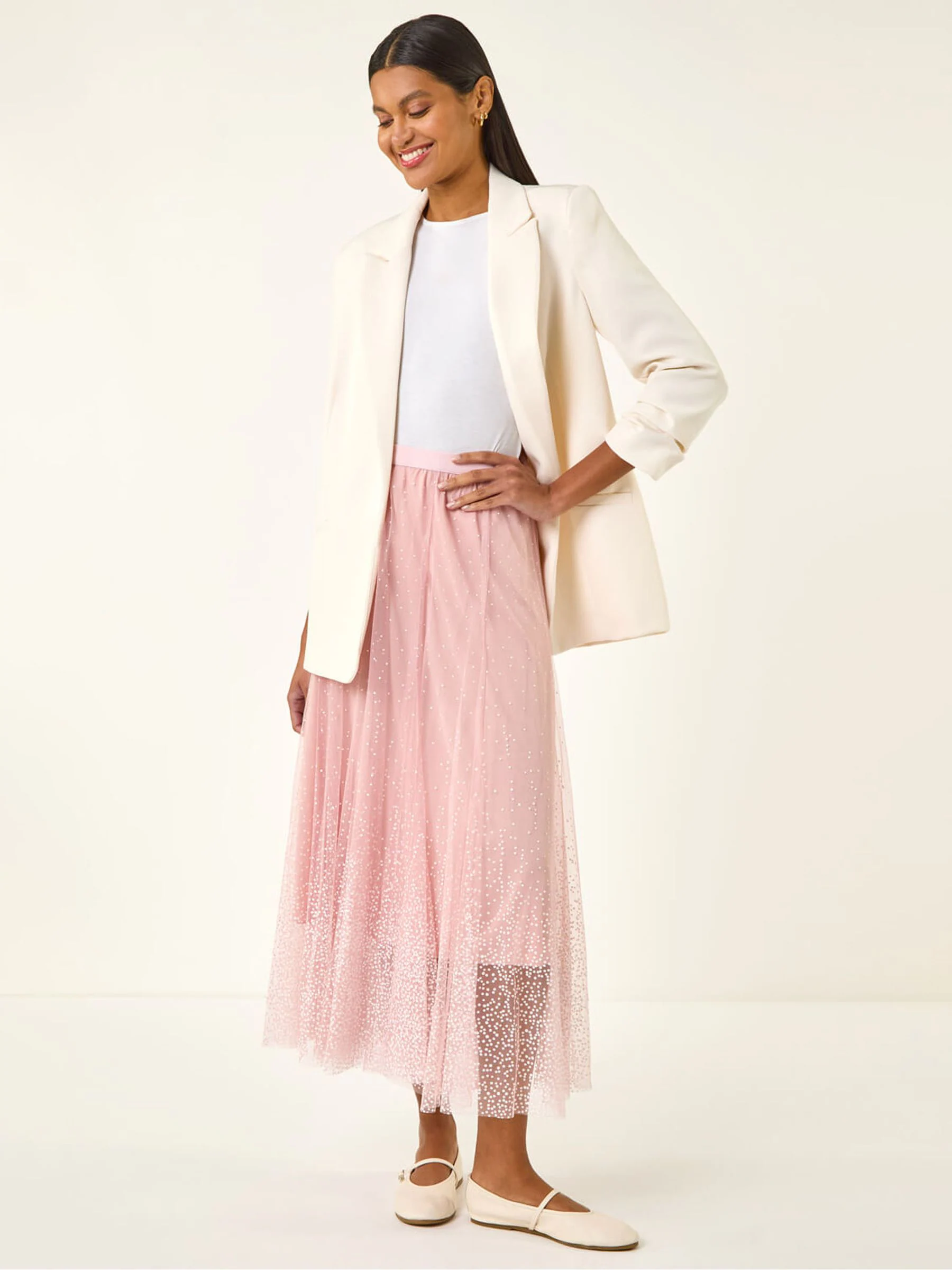 Roman Pink Polka Dot Print Elasticated Mesh Skirt