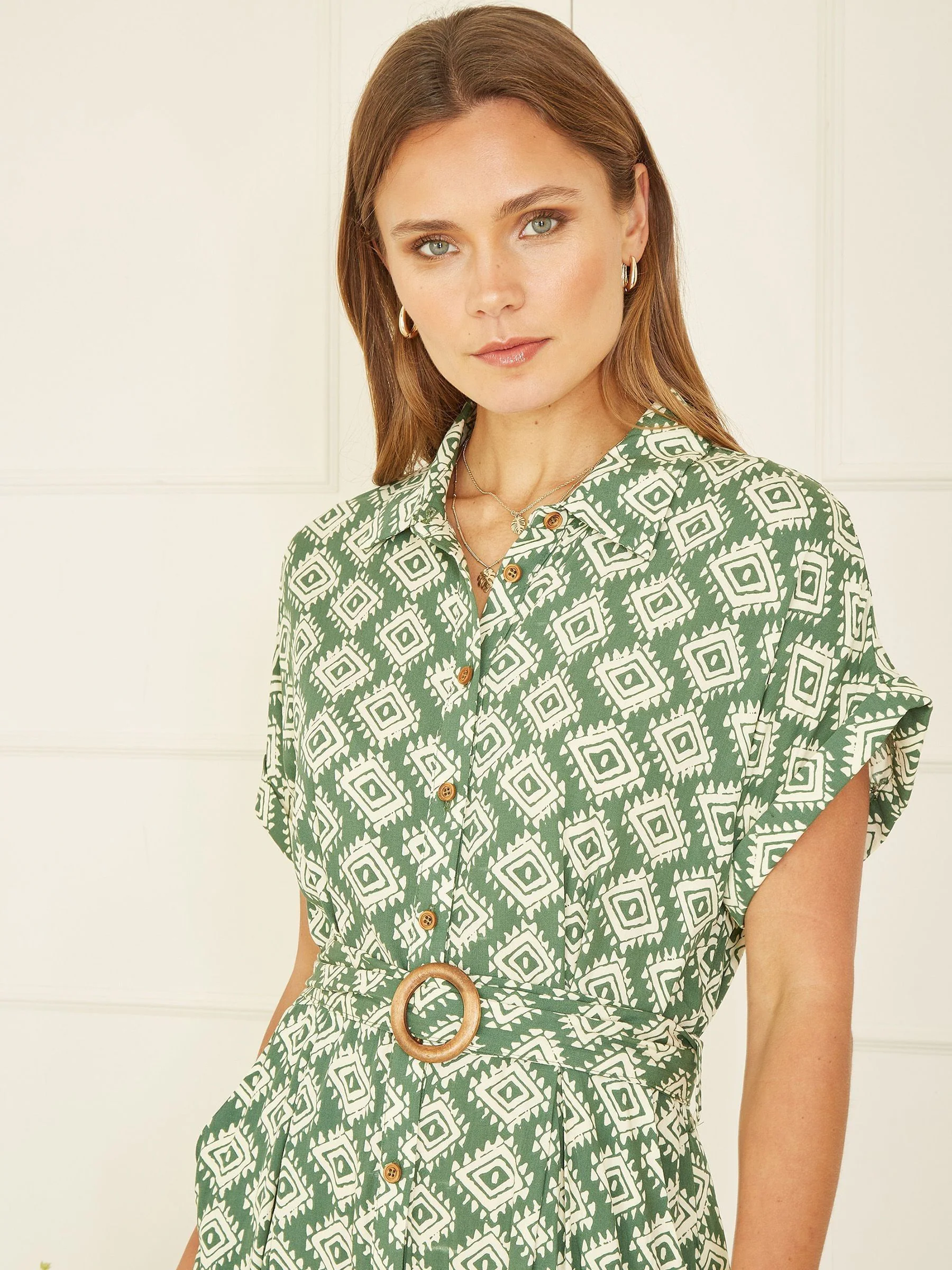 Yumi Green Viscose Midi Shirt Dress With Matching Belt