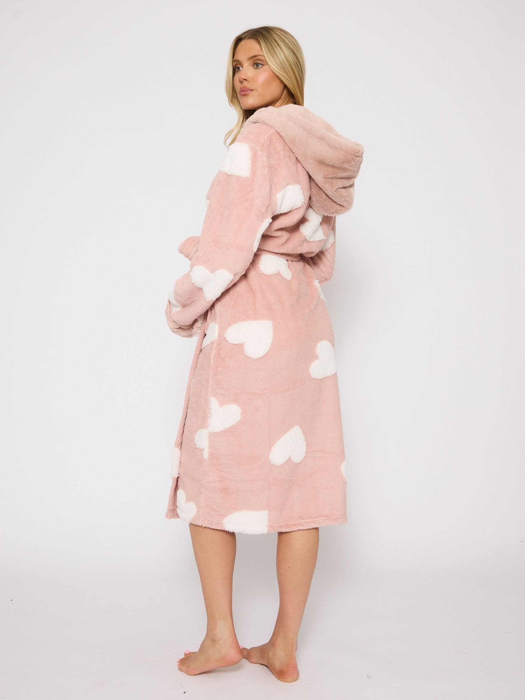 Loungeable Pink Jaquard Valentines Heart Midi Hooded Dressing Gown