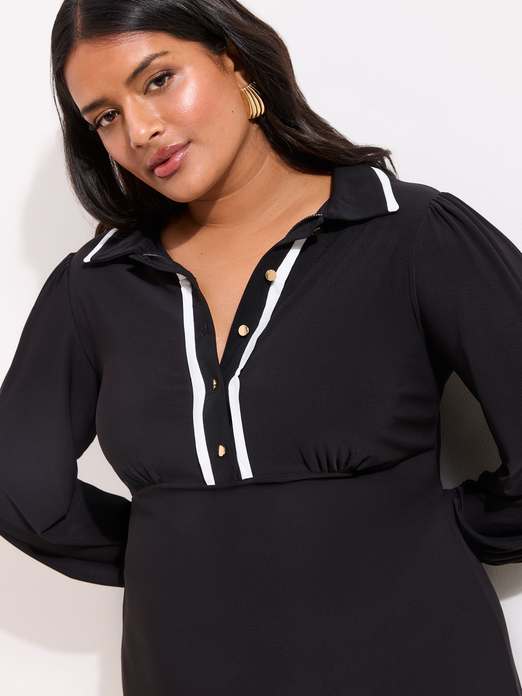 Lipsy Black Curve Tipped Collar Long Sleeve Midi Shirt Dress