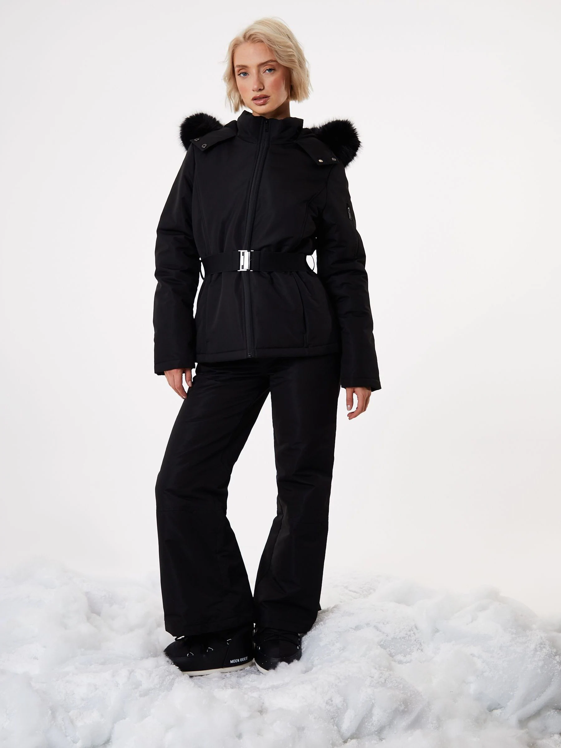 Threadbare Black Belted Padded Ski Jacket