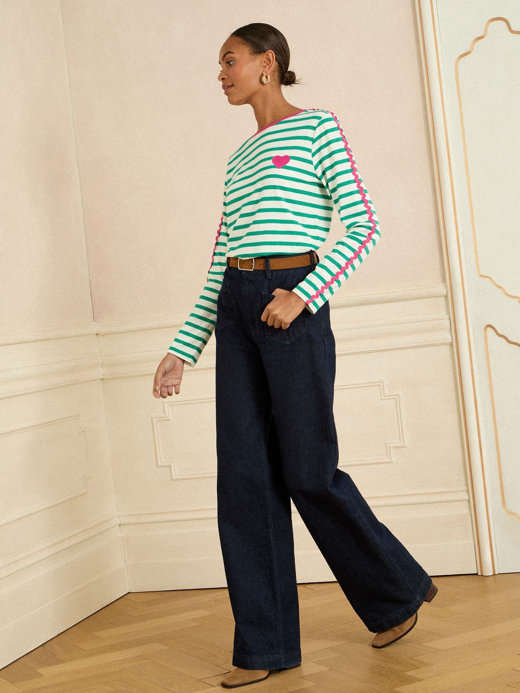 Love & Roses Green Stripe Heart Ric Rac Trim Long Sleeve Top