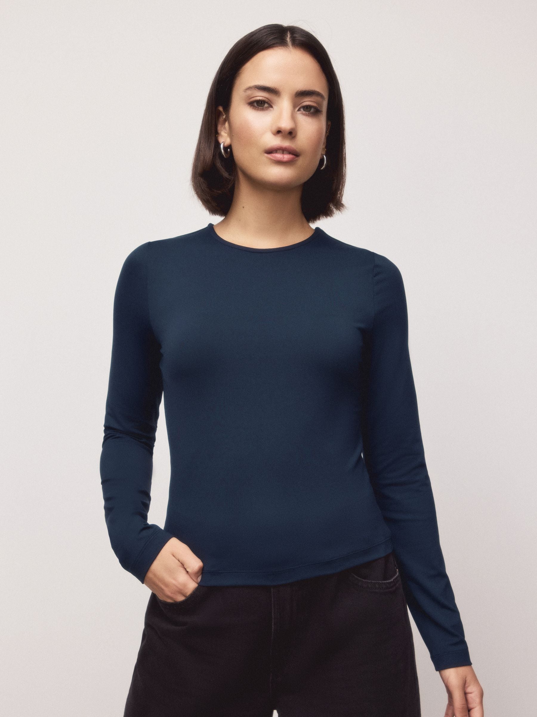Navy Soft Touch Slinky Nylon Crew Neck Long Sleeve Top