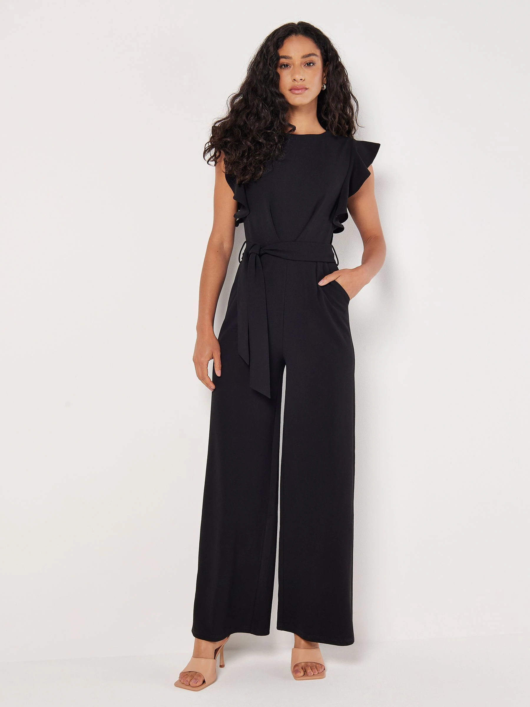 Apricot Black Ruffle Sleeve Pleat Detail Jumpsuit