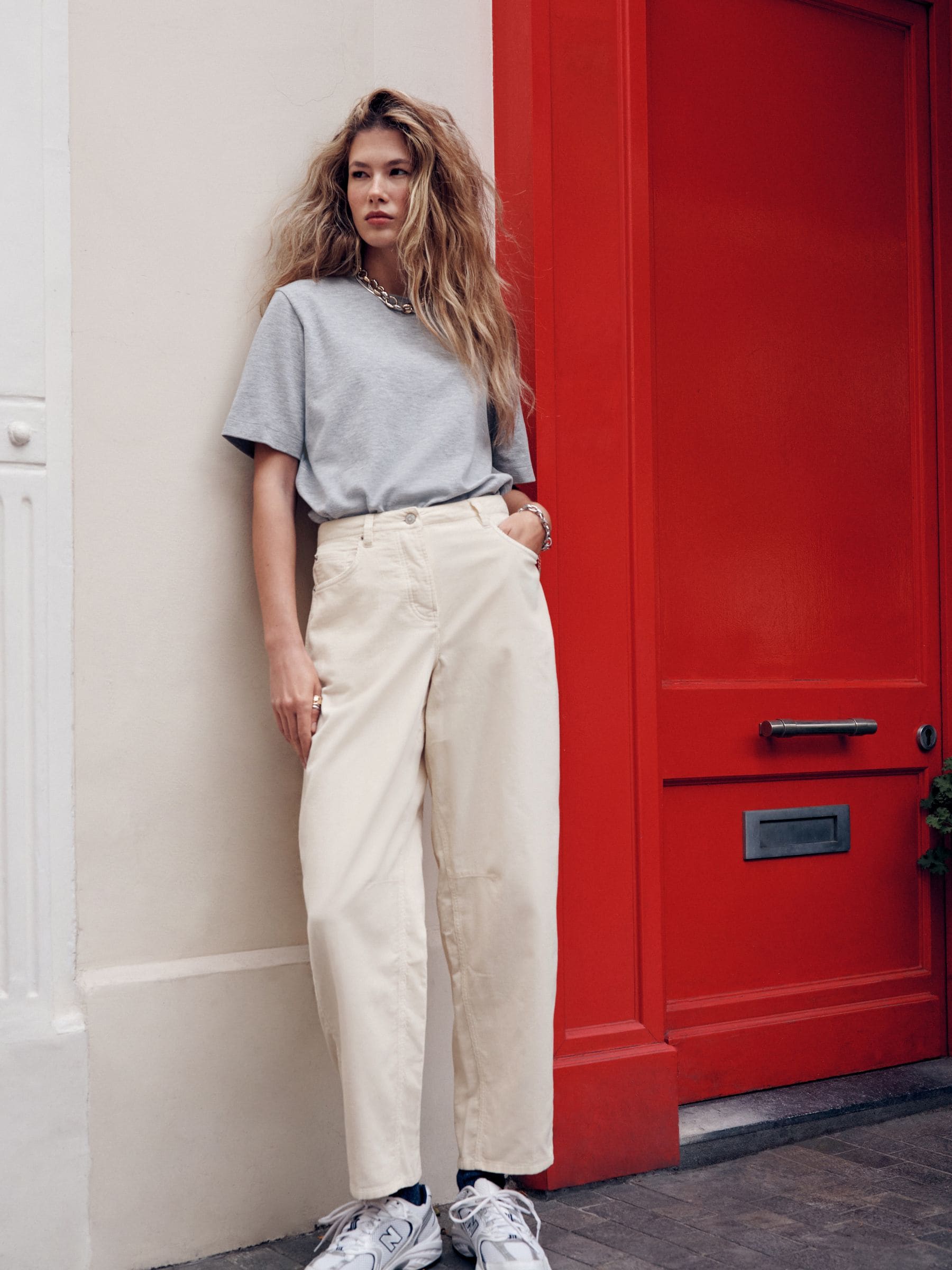 Ecru Cord Barrel Leg Trousers