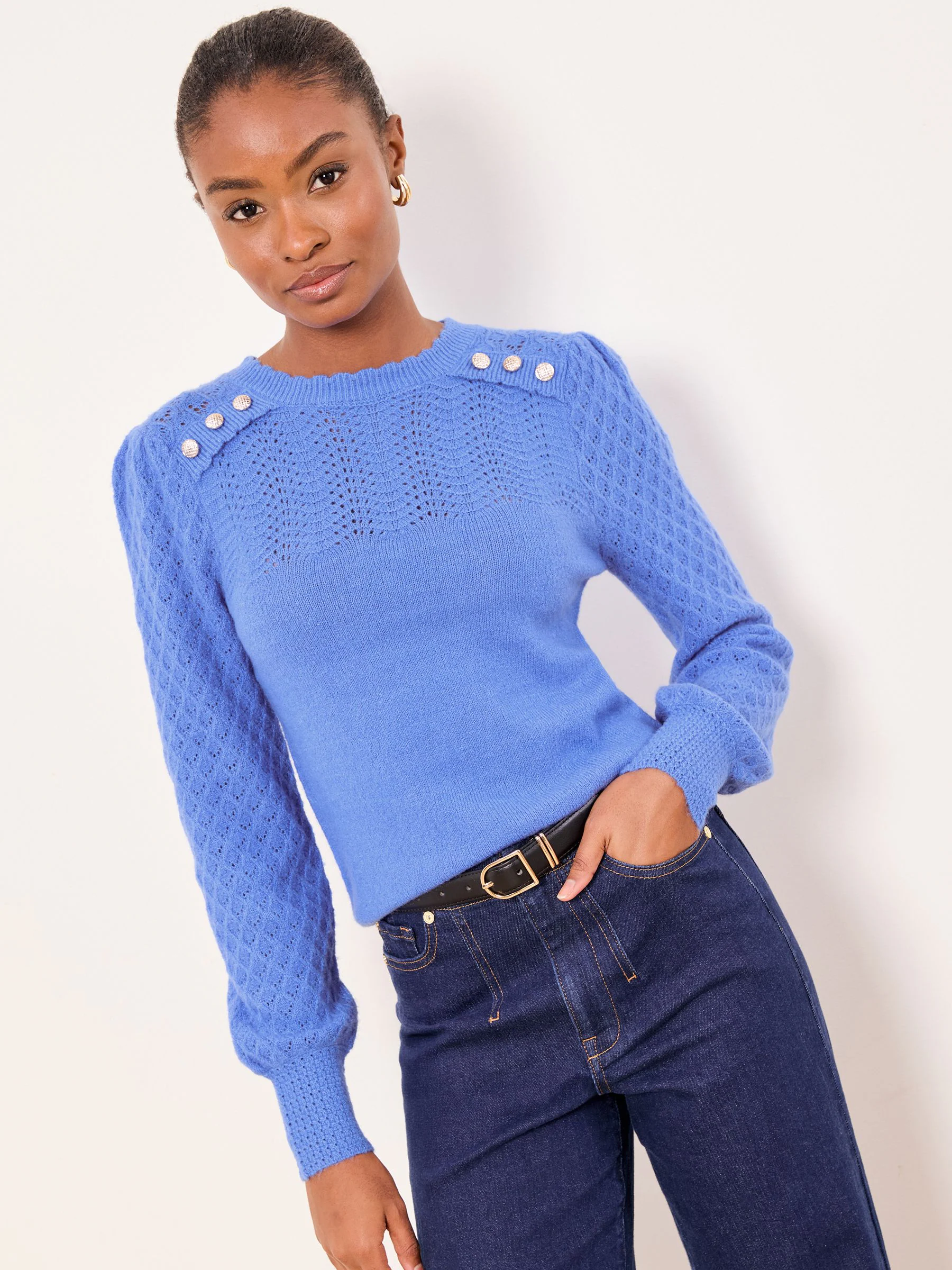 Lipsy Cobalt Blue Buttoned Petite Pointelle Stitch Long Sleeve Crew Neck Knit Jumper