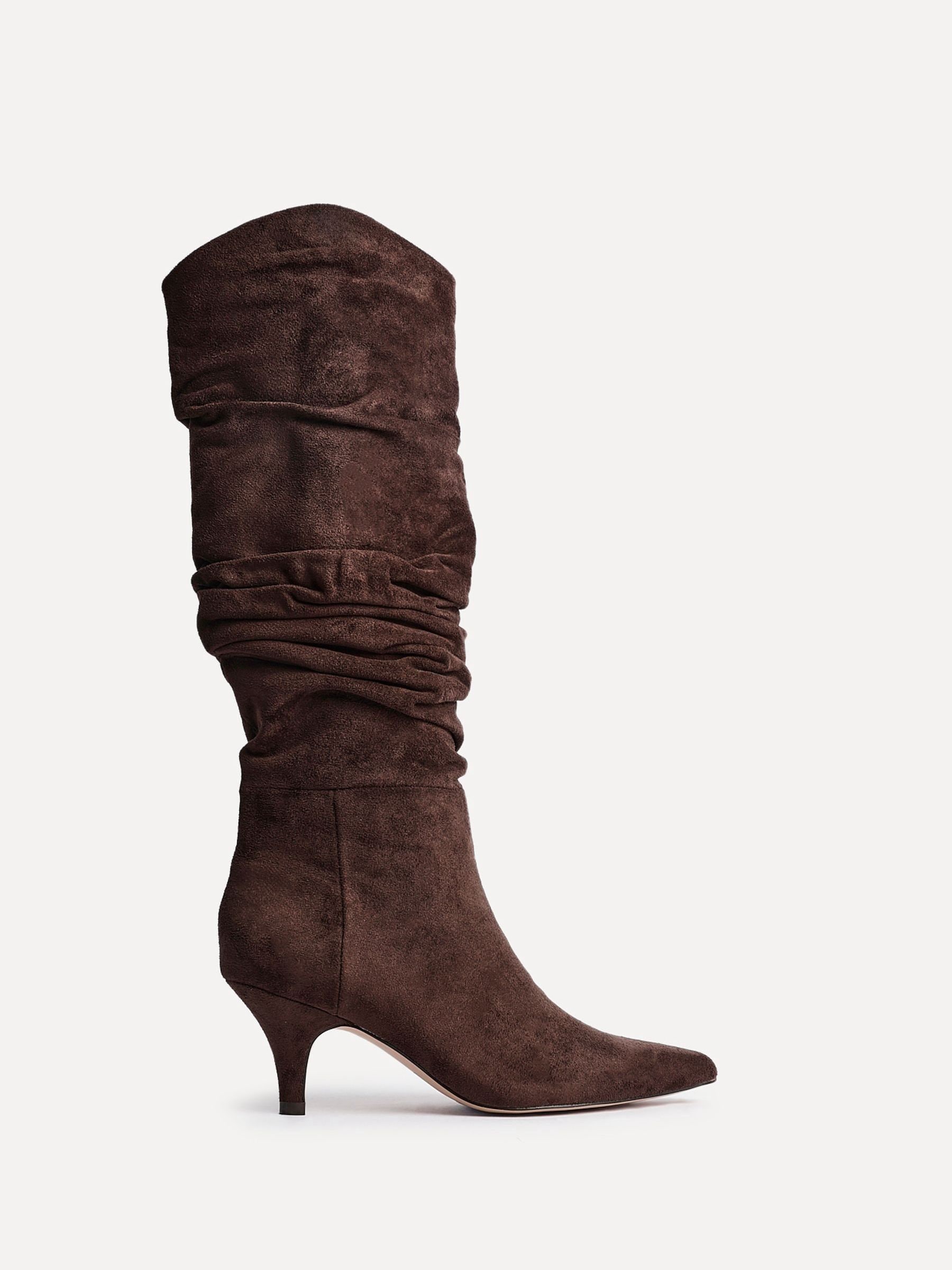 Linzi Brown Esteem Ruched Kitten Heel High Leg Boots