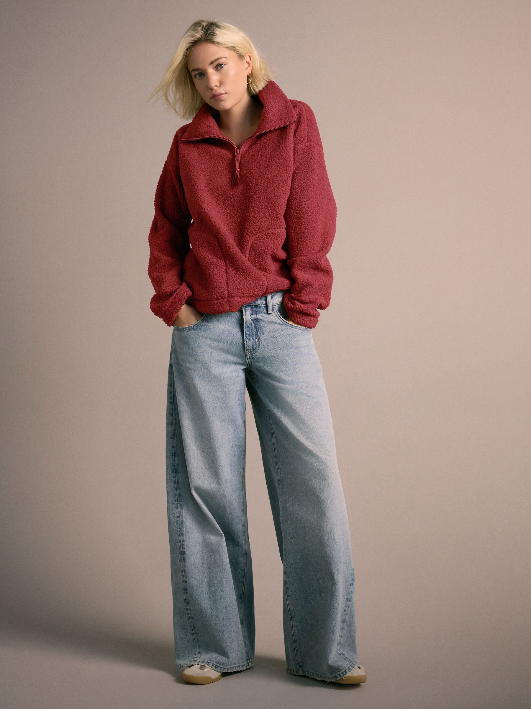 Cherry Red Soft Touch Cosy Teddy Borg Quarter Zip Fleece