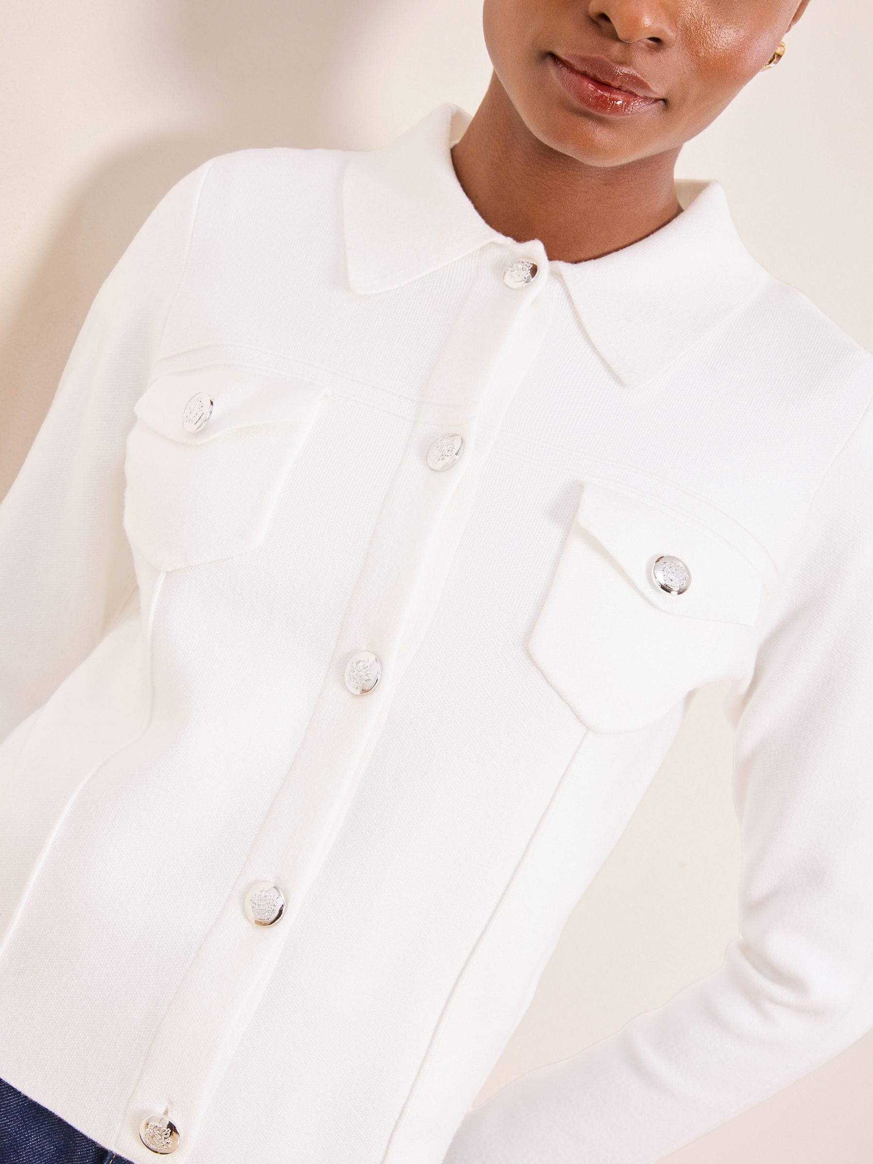 Lipsy White Collared Military Long Sleeve Knitted Cardigan Jacket With Pockets