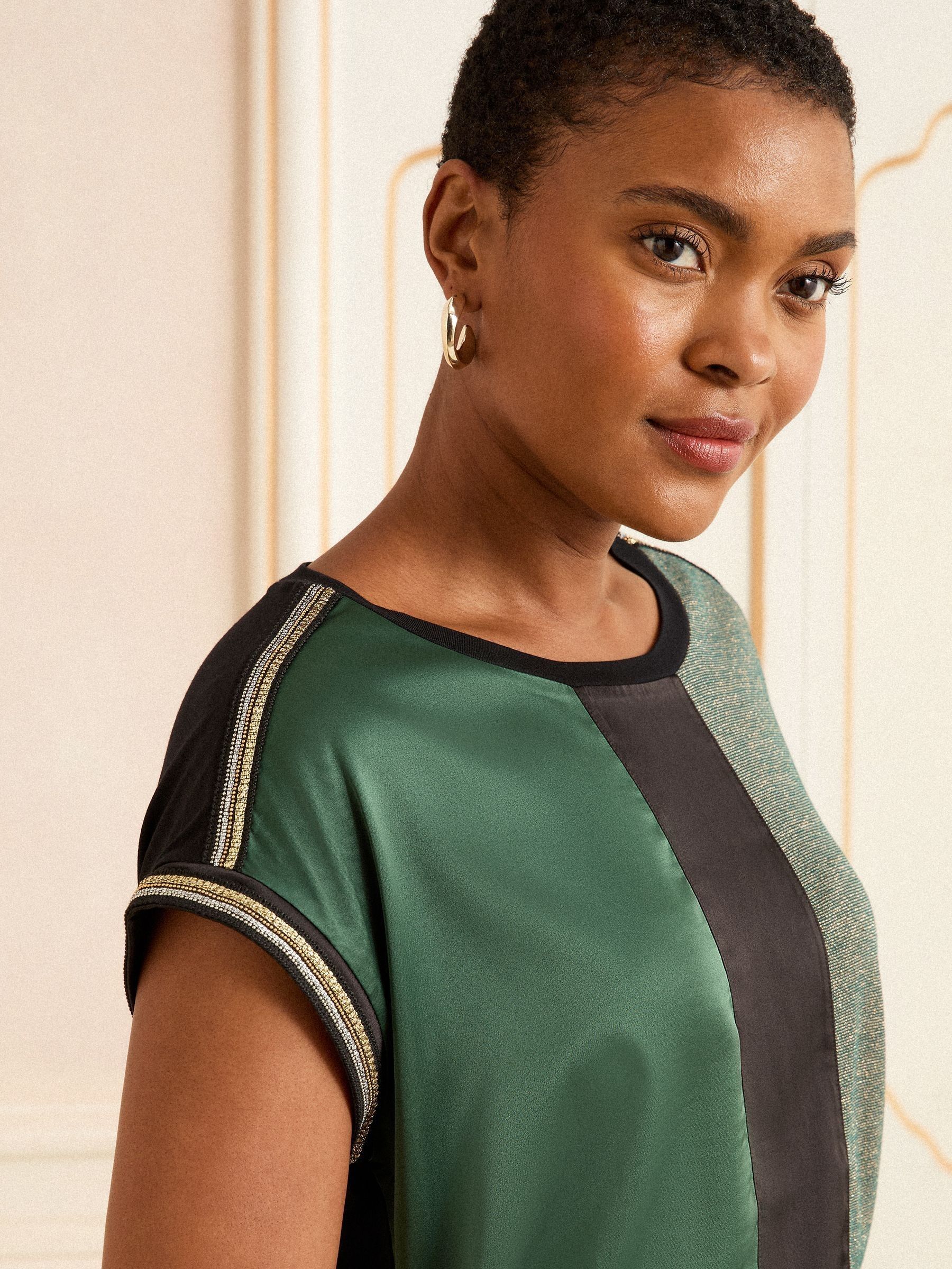 Love & Roses Green and Black Embellished Cuff Satin Front Satin Front V-Neck Short Sleeve Top