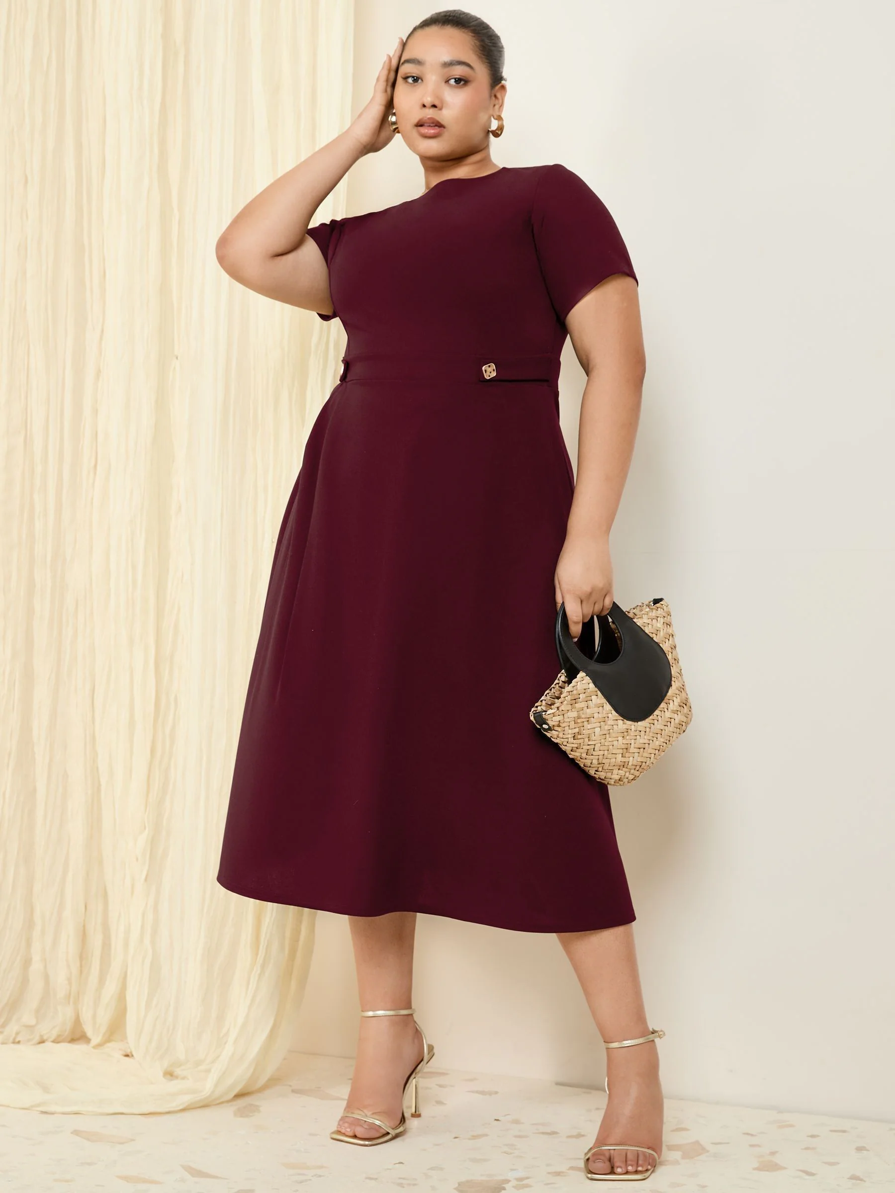 Friends Like These Berry Red Curve Tab Detail Short Sleeve Midi Tailored Dress
