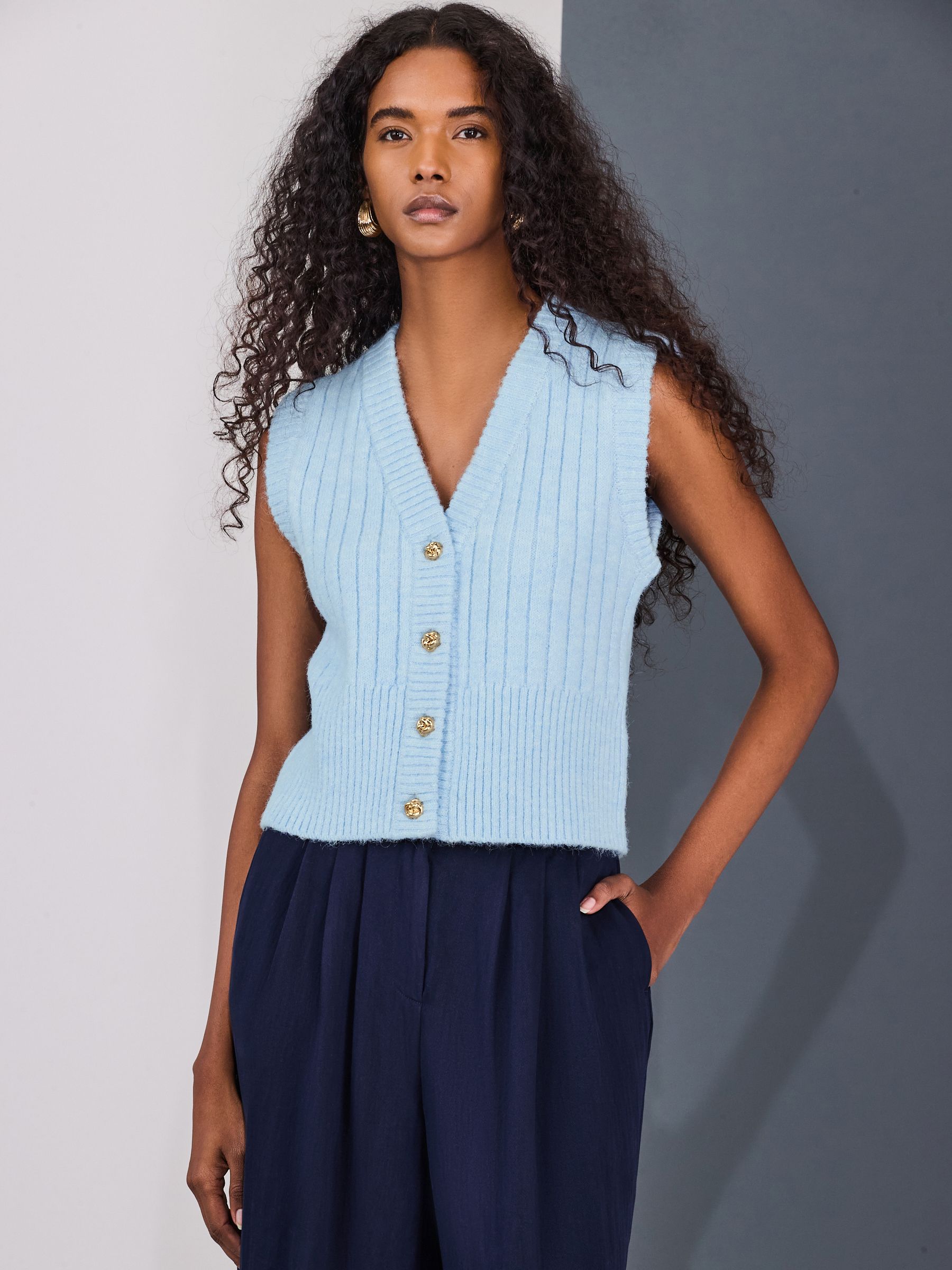 Light Blue Rib Knitted Gold Button Waistcoat With Wool