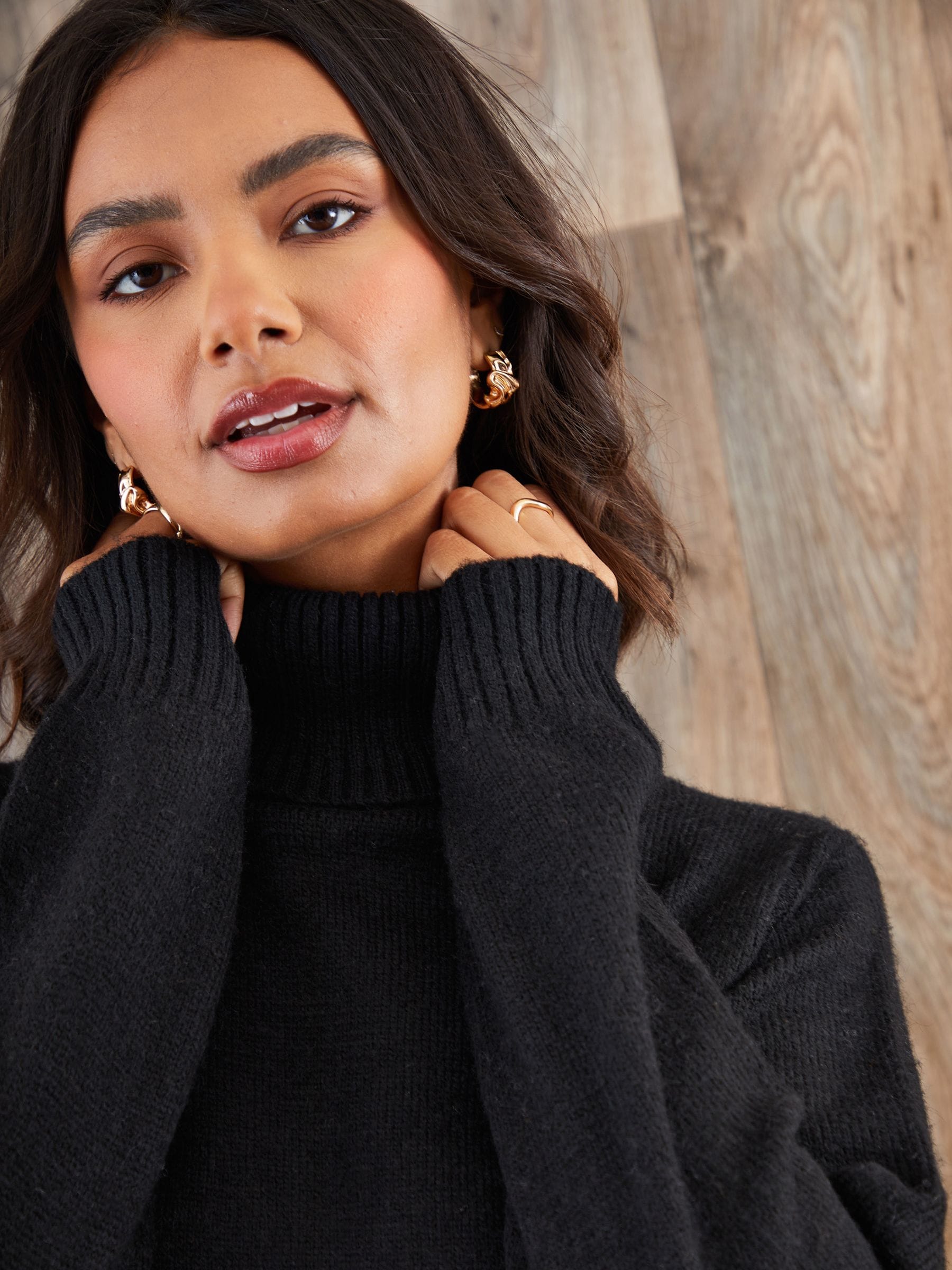 Threadbare Black Roll Neck Knitted Mini Dress