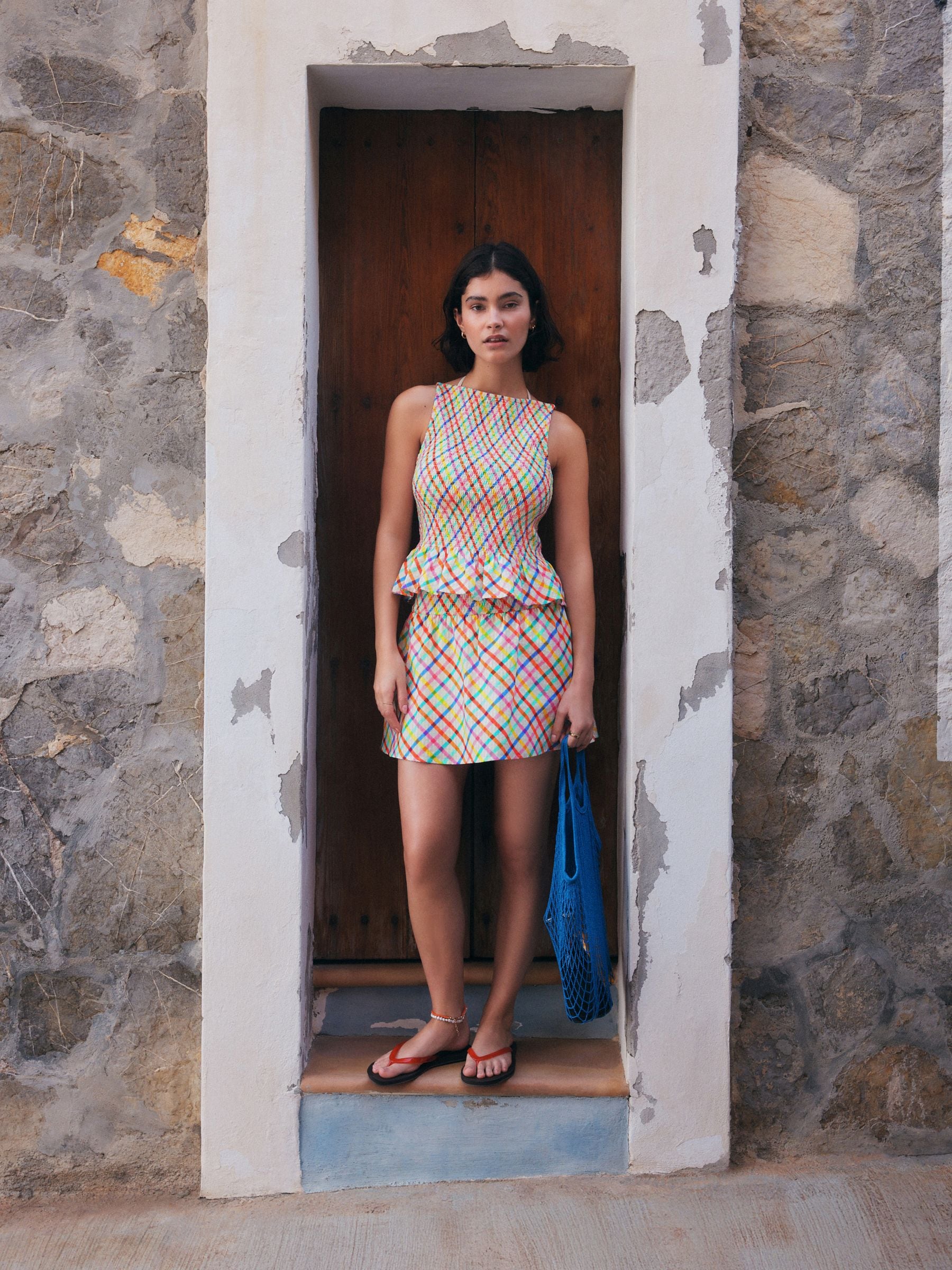 Bright Check Shirred Peplum Top