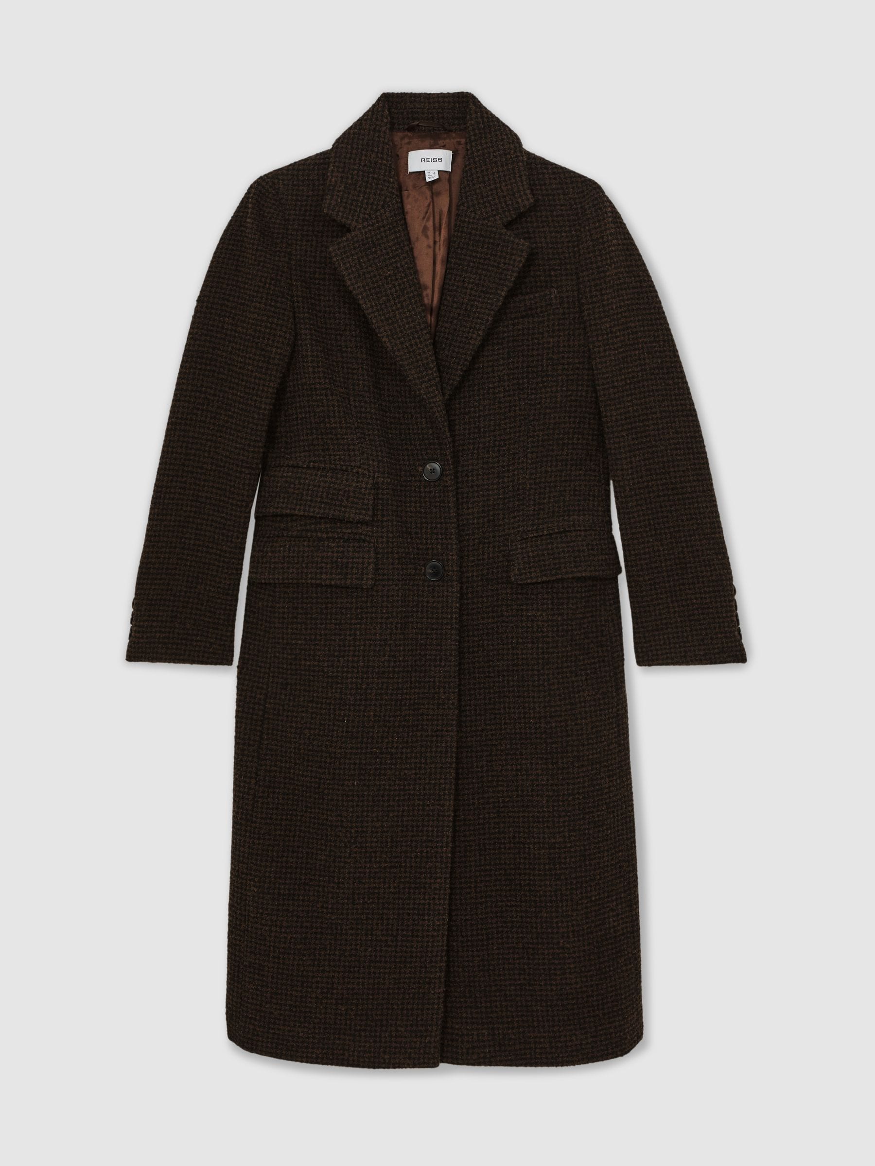 Reiss Chocolate Brown Check Kai Wool-Blend Houndstooth Check Coat