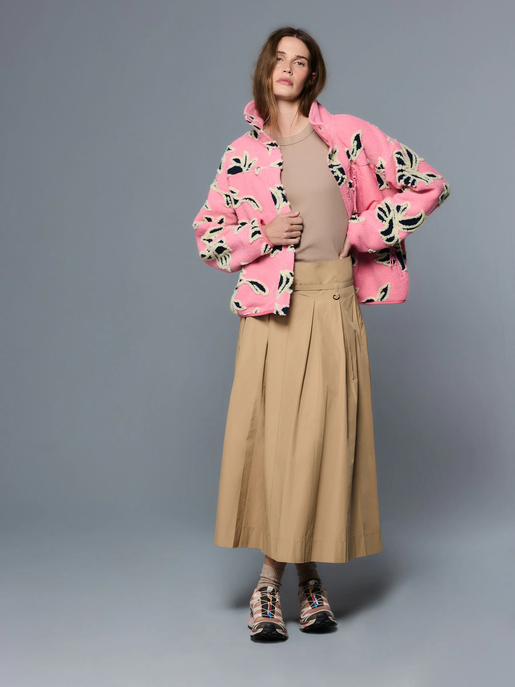 Stone Pleated Midi Skirt