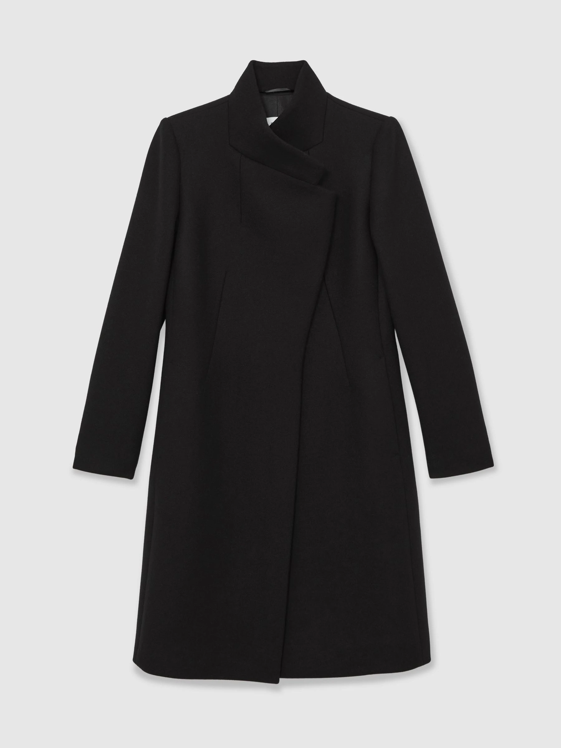 Reiss Black Max Wool-Blend Wrapover Mid-Length Coat