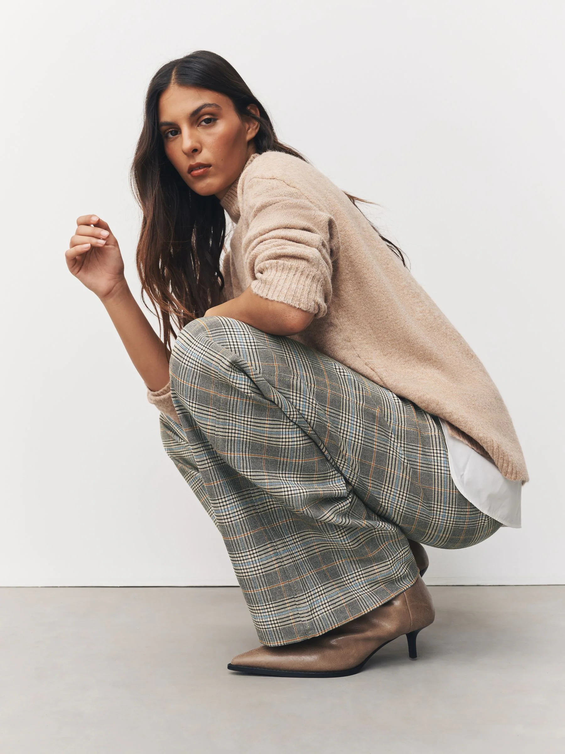 Neutral Check Smart Wide Leg Trousers