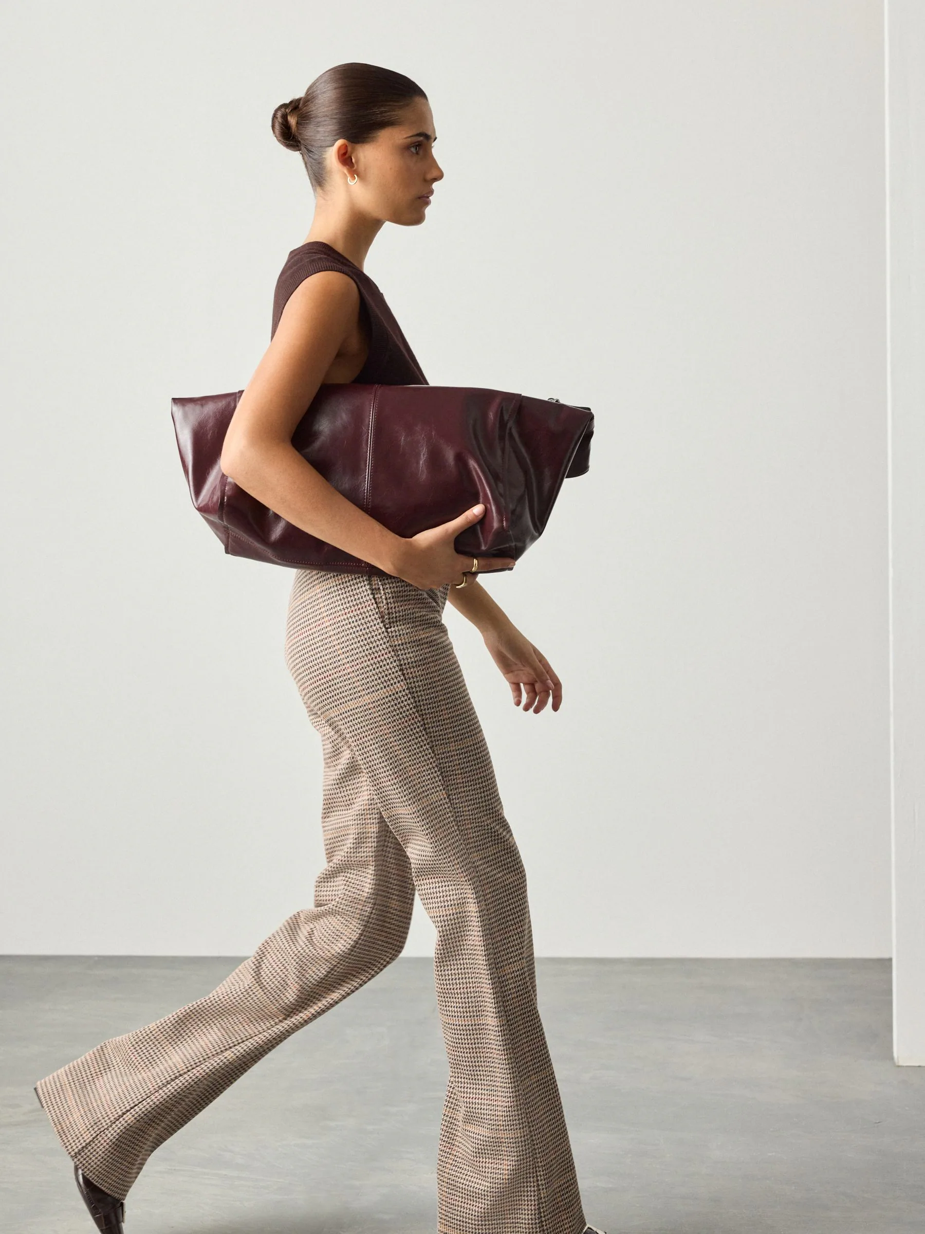 Brown Check Ponte Flared Trousers