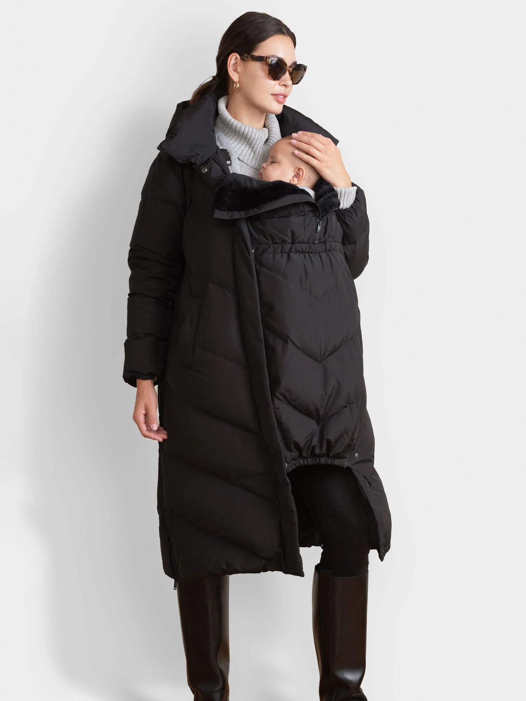 Seraphine Black 3-In-1 Long Chevron Puffer Maternity Coat