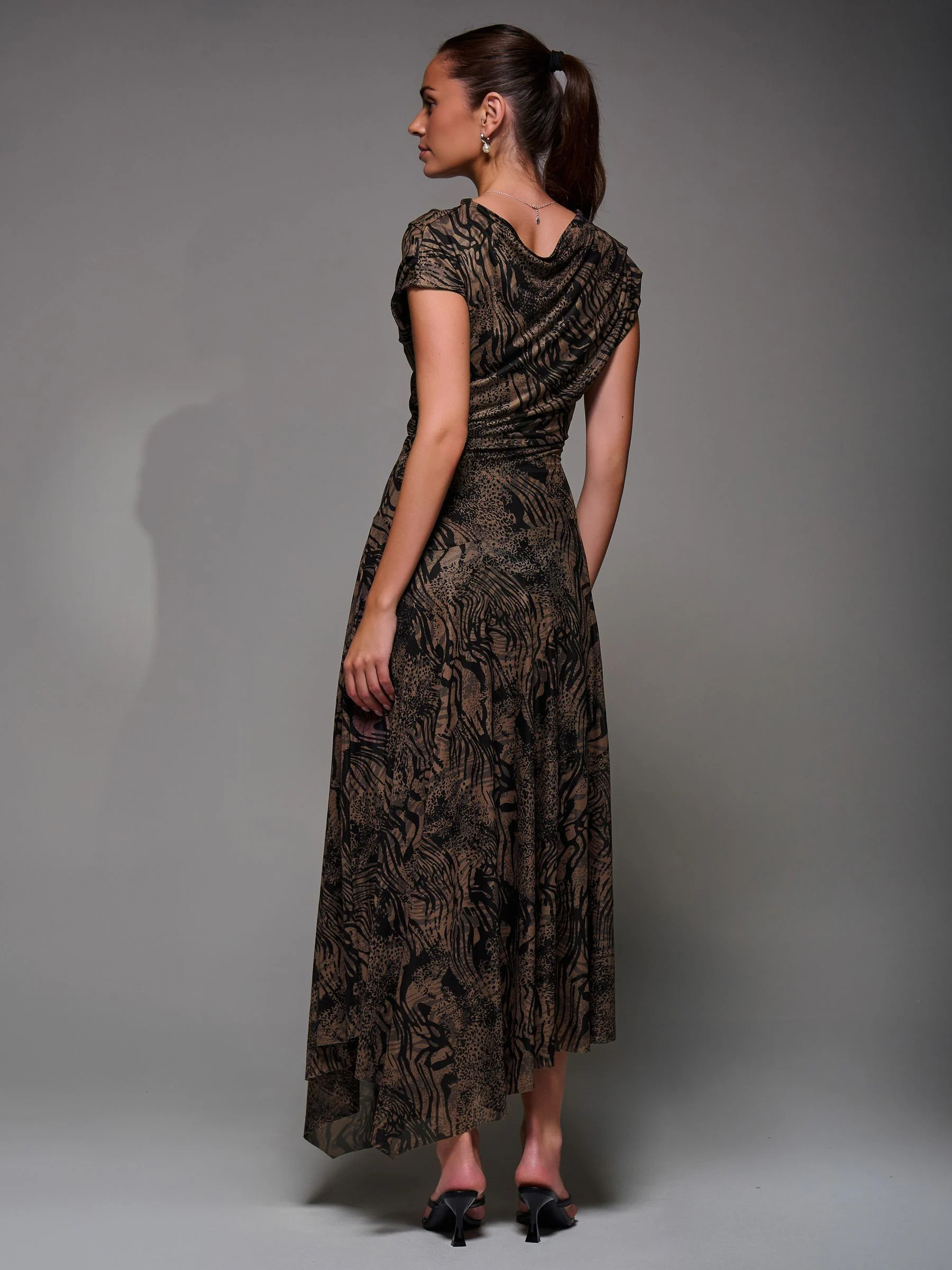 Jolie Moi Brown Asymmetrical Draped Slash Neck Midaxi Dress