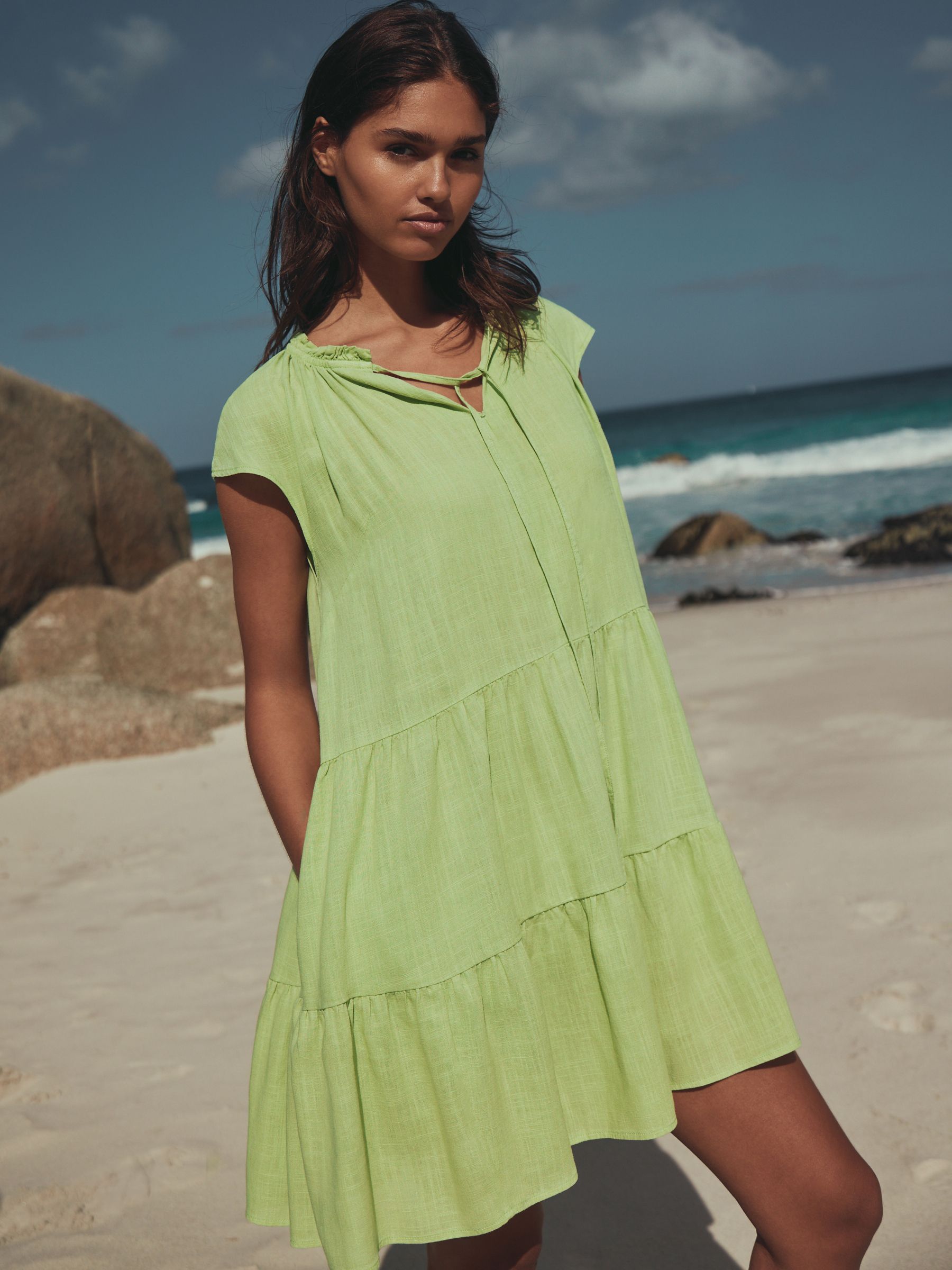 Lime Green V-Neck Tiered Mini Dress with Linen