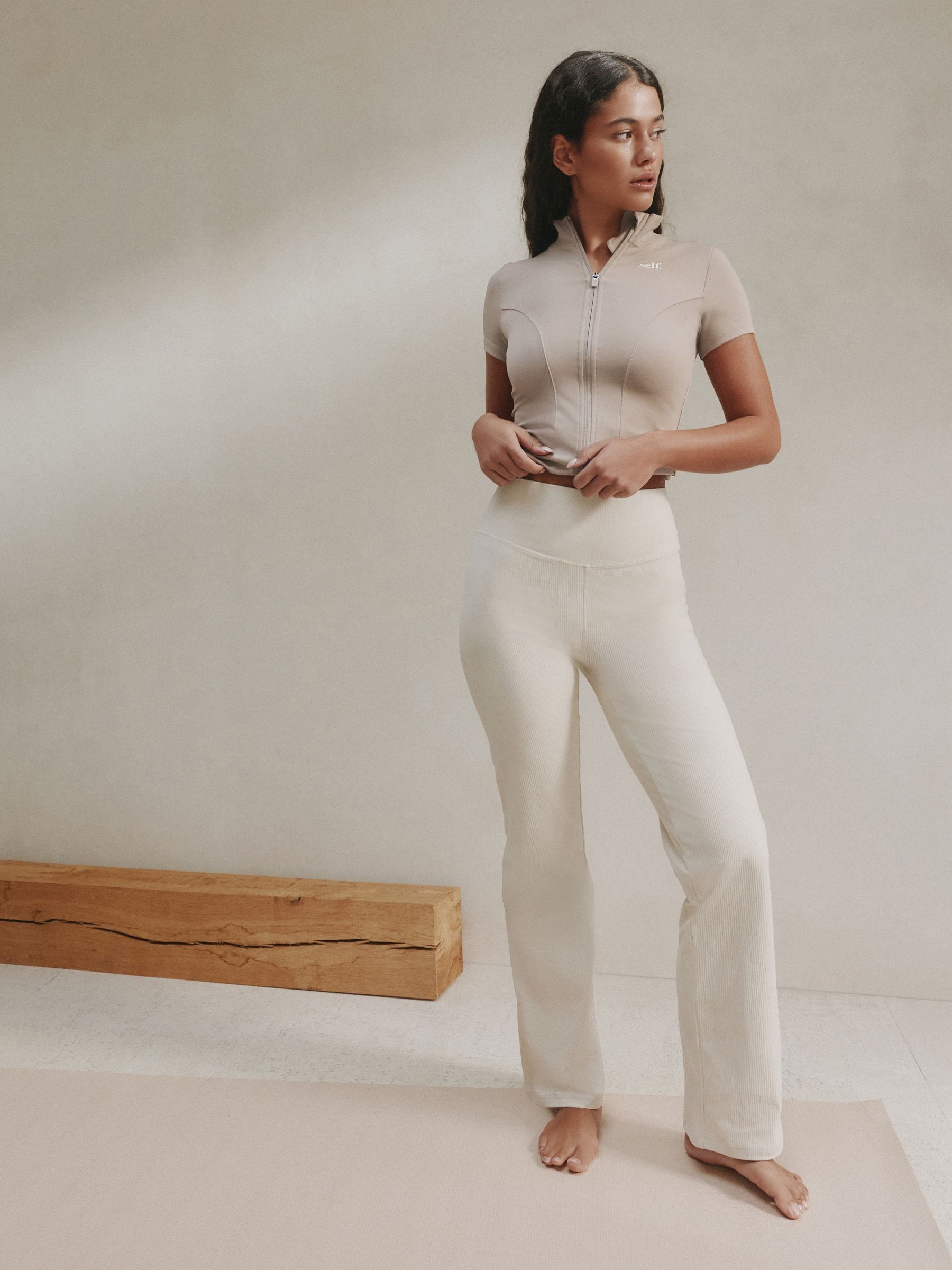 self. Ecru Rib Wide Leggings