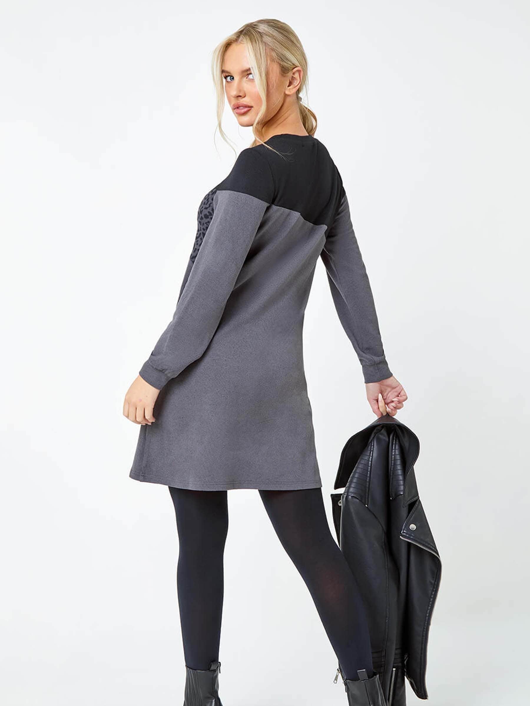 Roman Grey Petite Stretch Animal Print Colour Block Knit Dress