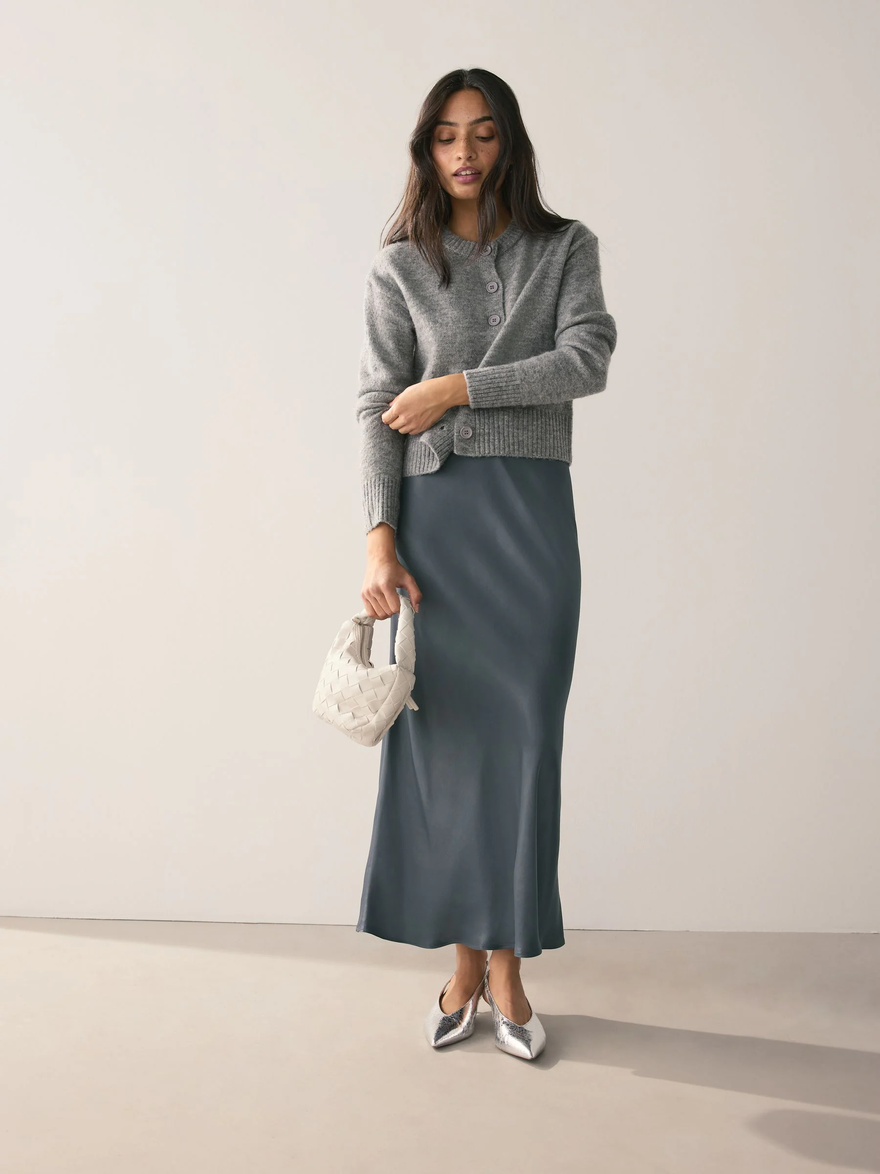 Charcoal Grey Satin Midi Skirt