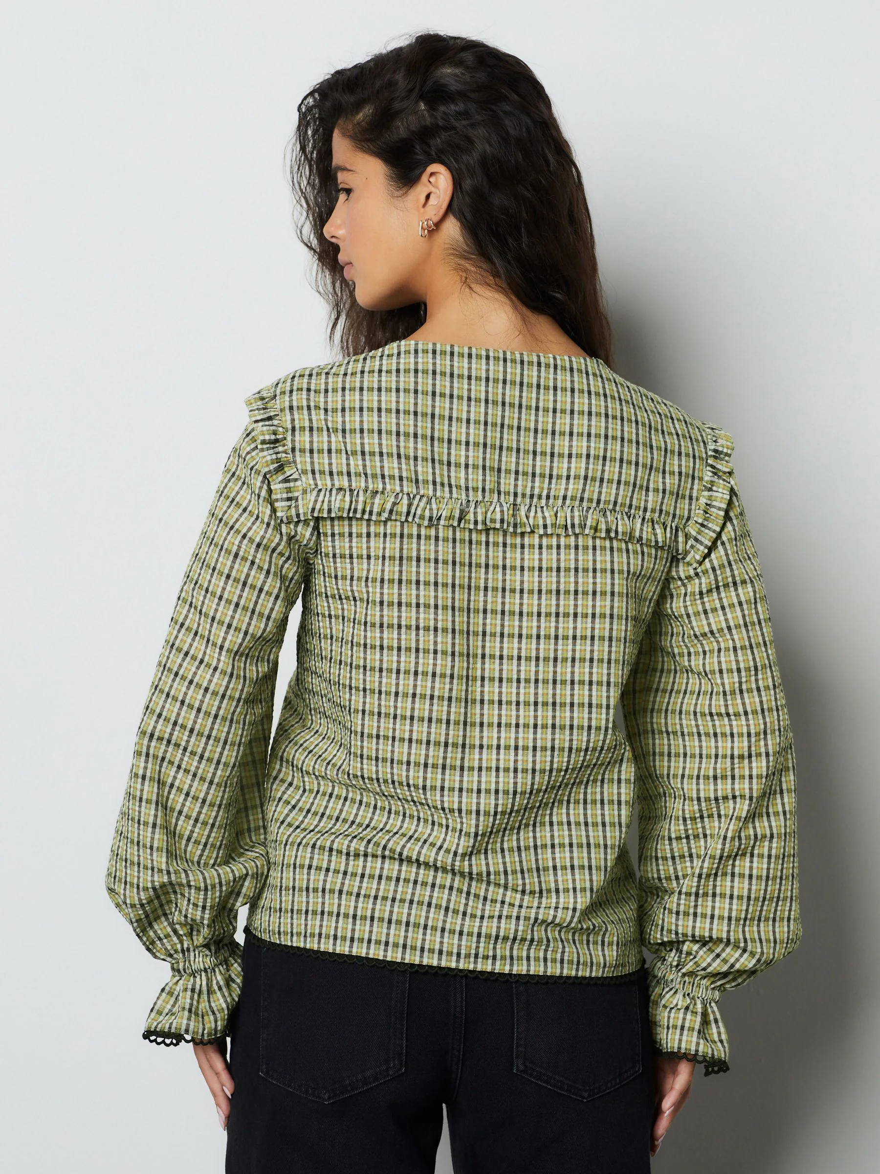 Green/Black Check Oversized Collar Long Sleeve Blouse