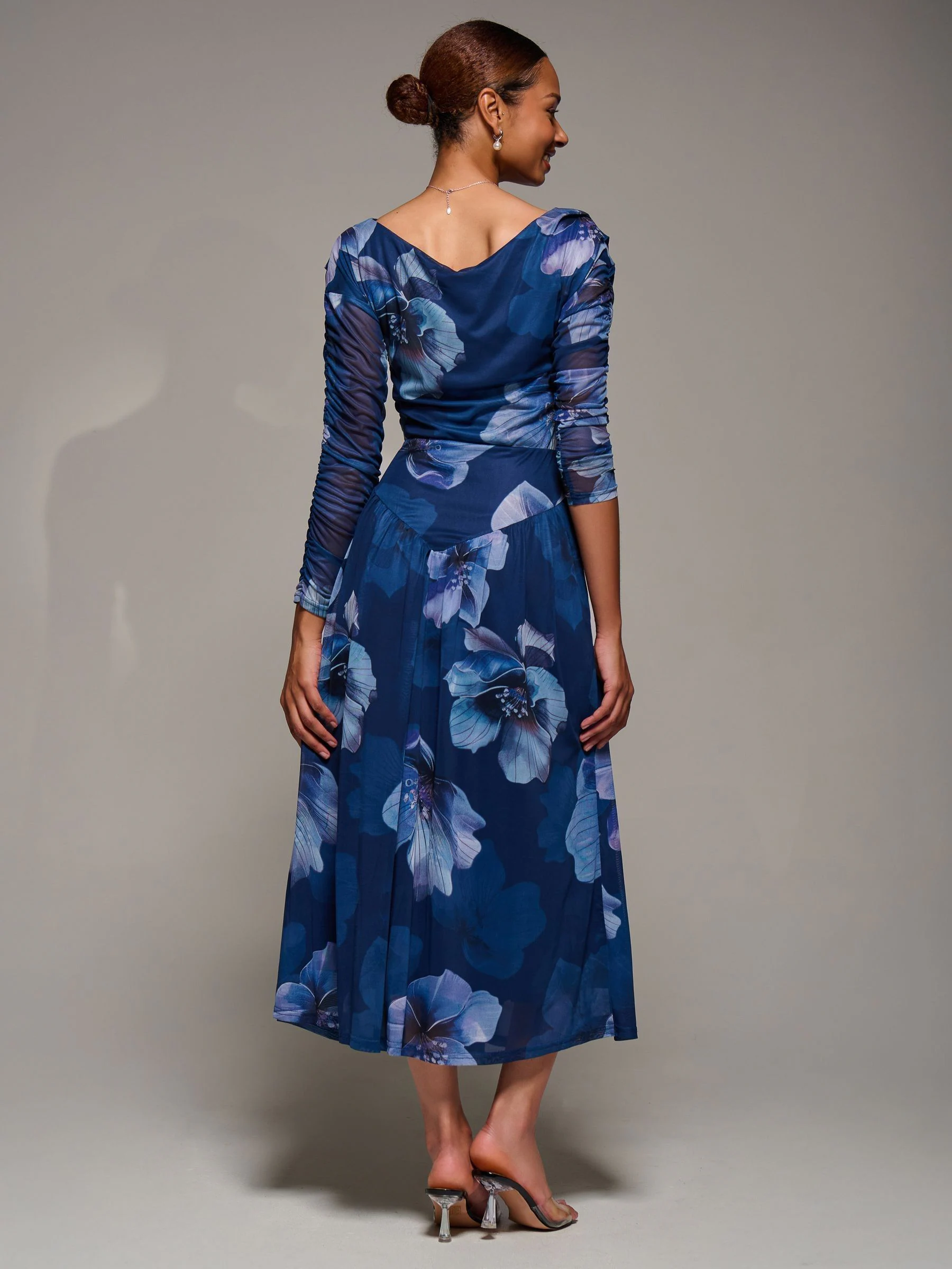 Jolie Moi Blue Long Sleeve Asymmetric Gathered Mesh Midi Dress