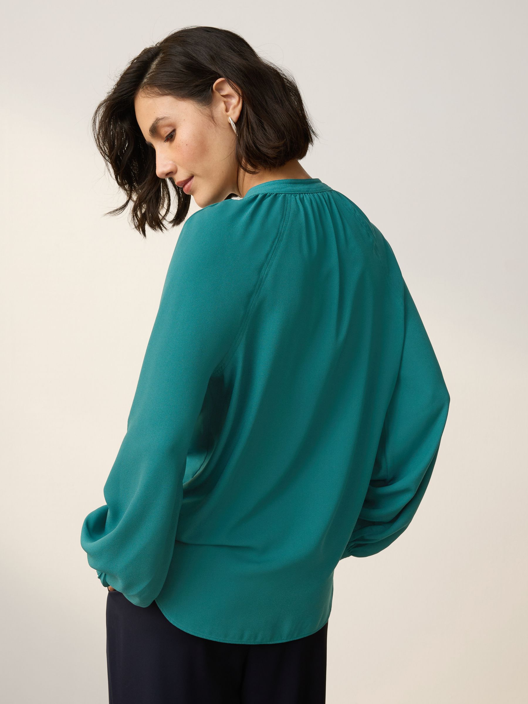 Teal Blue Long Sleeve V-Neck Blouse