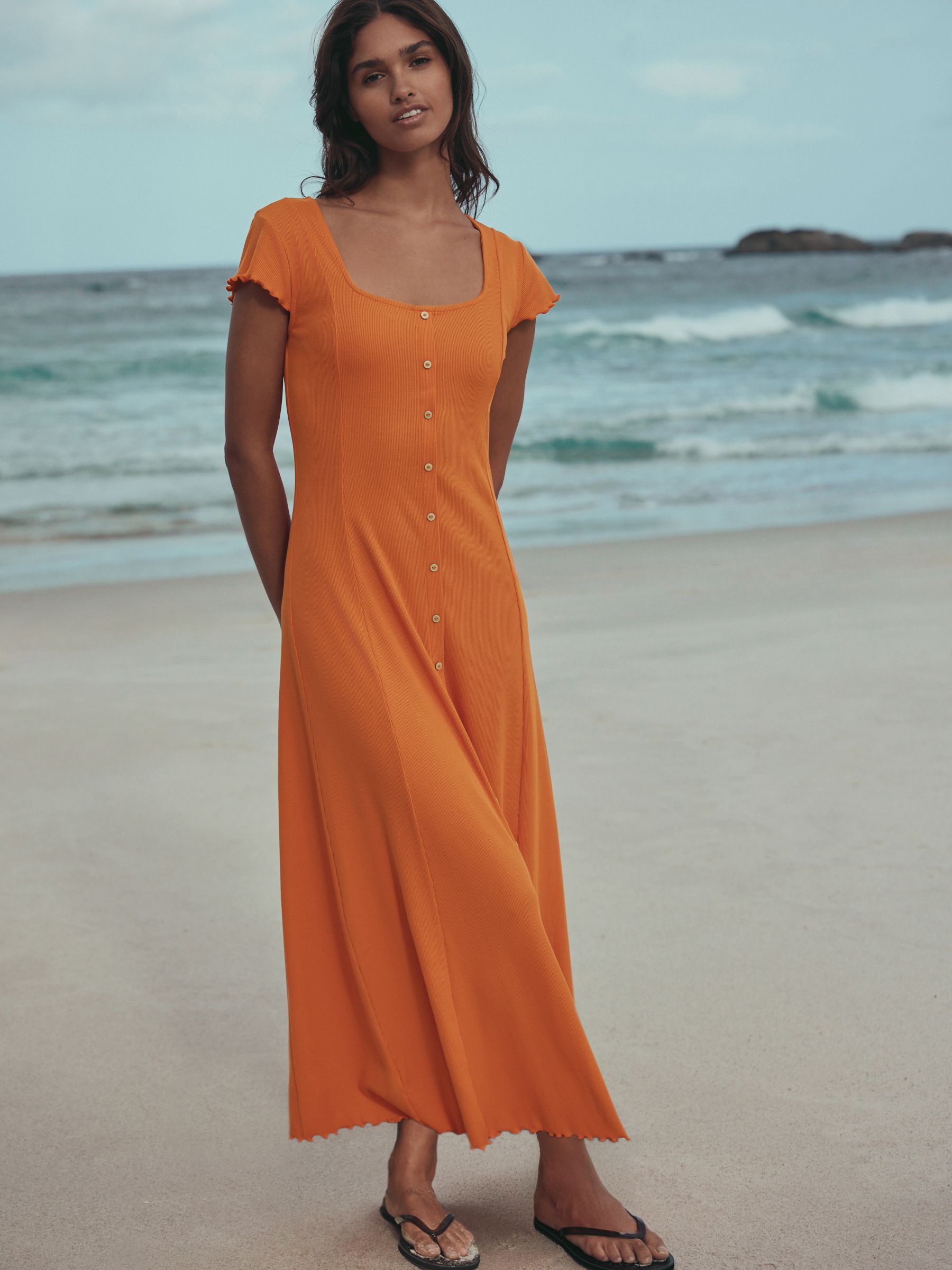 Orange Short Sleeve Jersey Button Through Maxi Dress